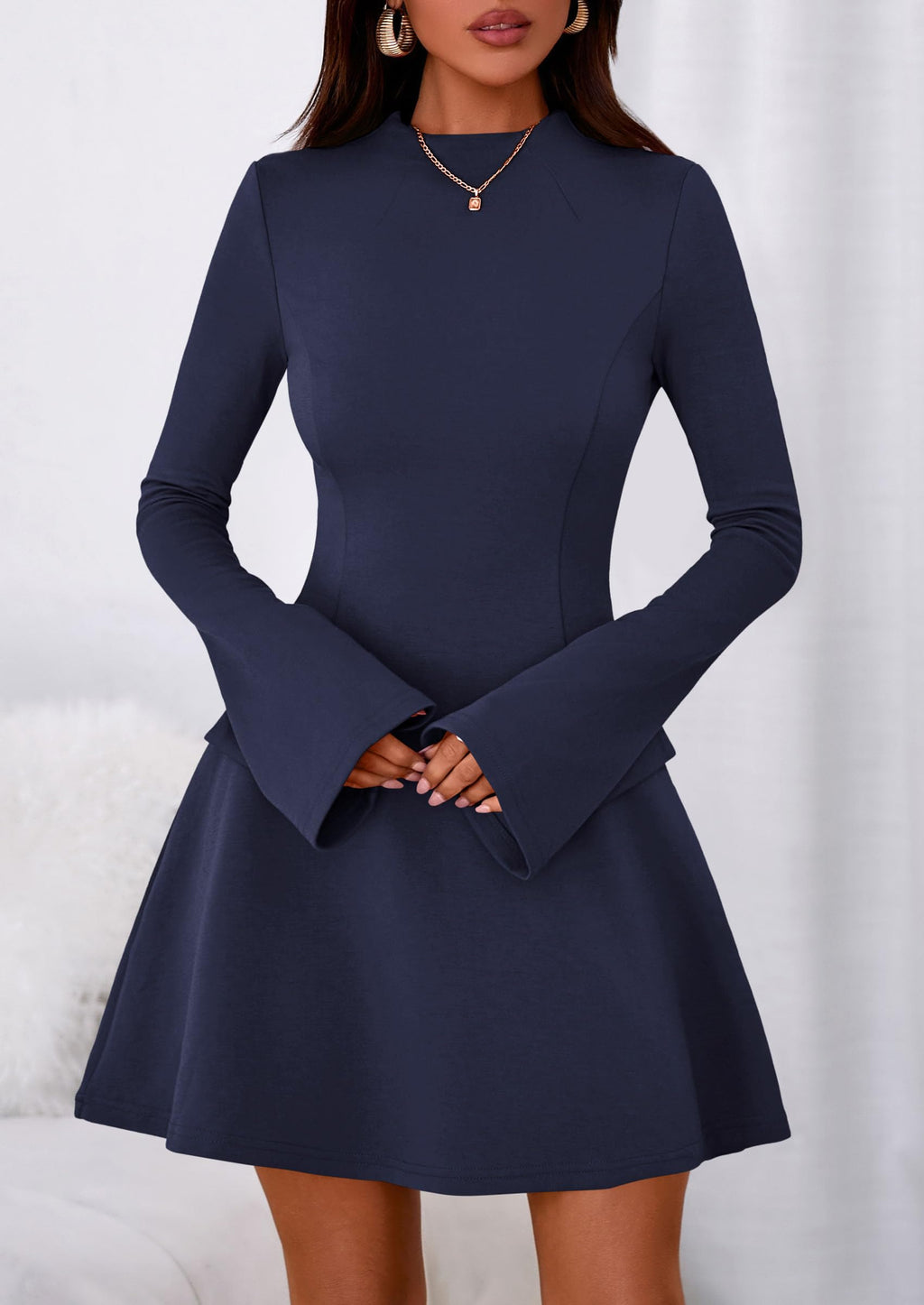 PRETTYGARDEN Women's Elegant Holiday Short Dress  Fall Bell Long Sleeve Mock Neck Work Business Casual Party Mini Dress