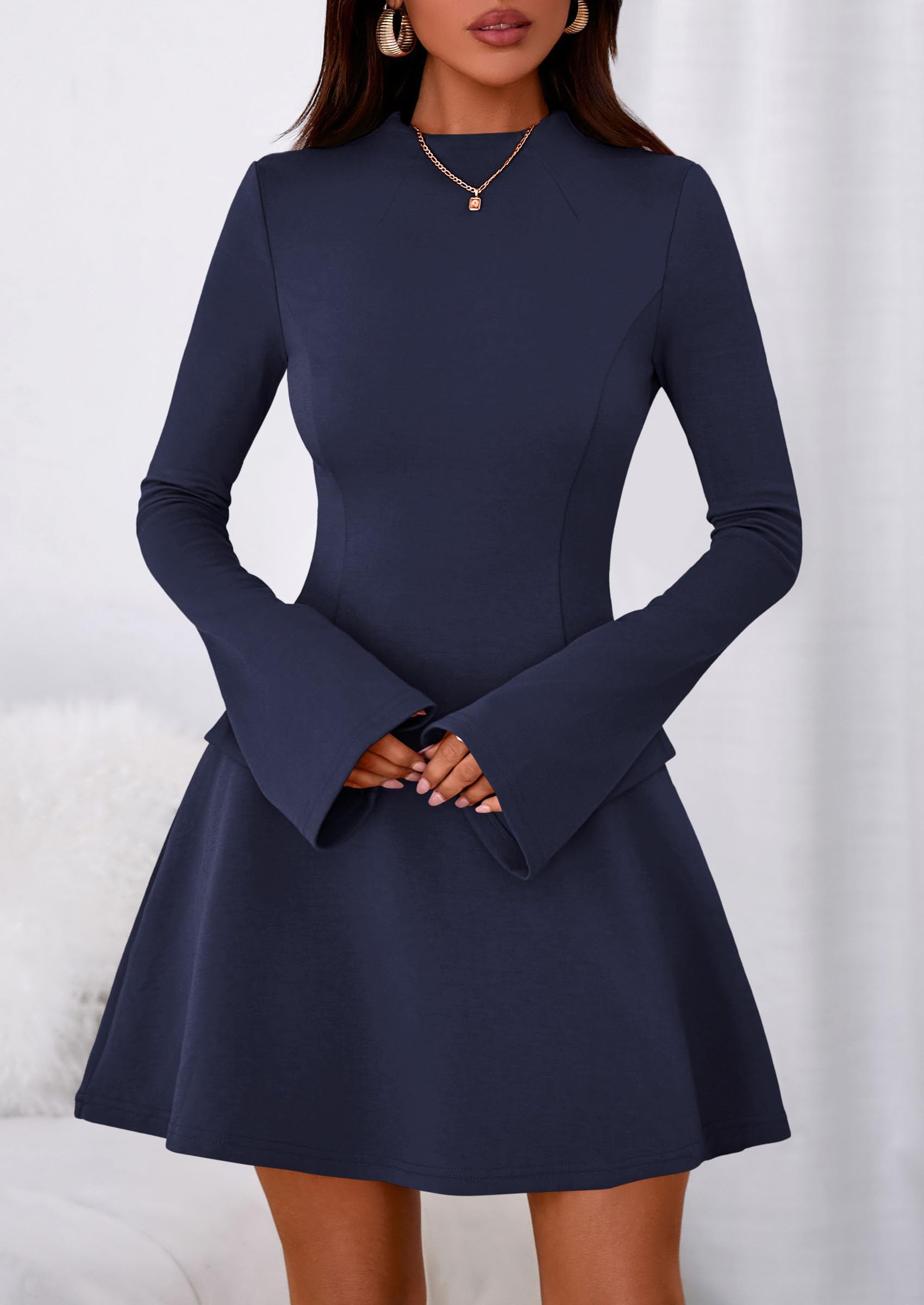 PRETTYGARDEN Women's Elegant Holiday Short Dress  Fall Bell Long Sleeve Mock Neck Work Business Casual Party Mini Dress