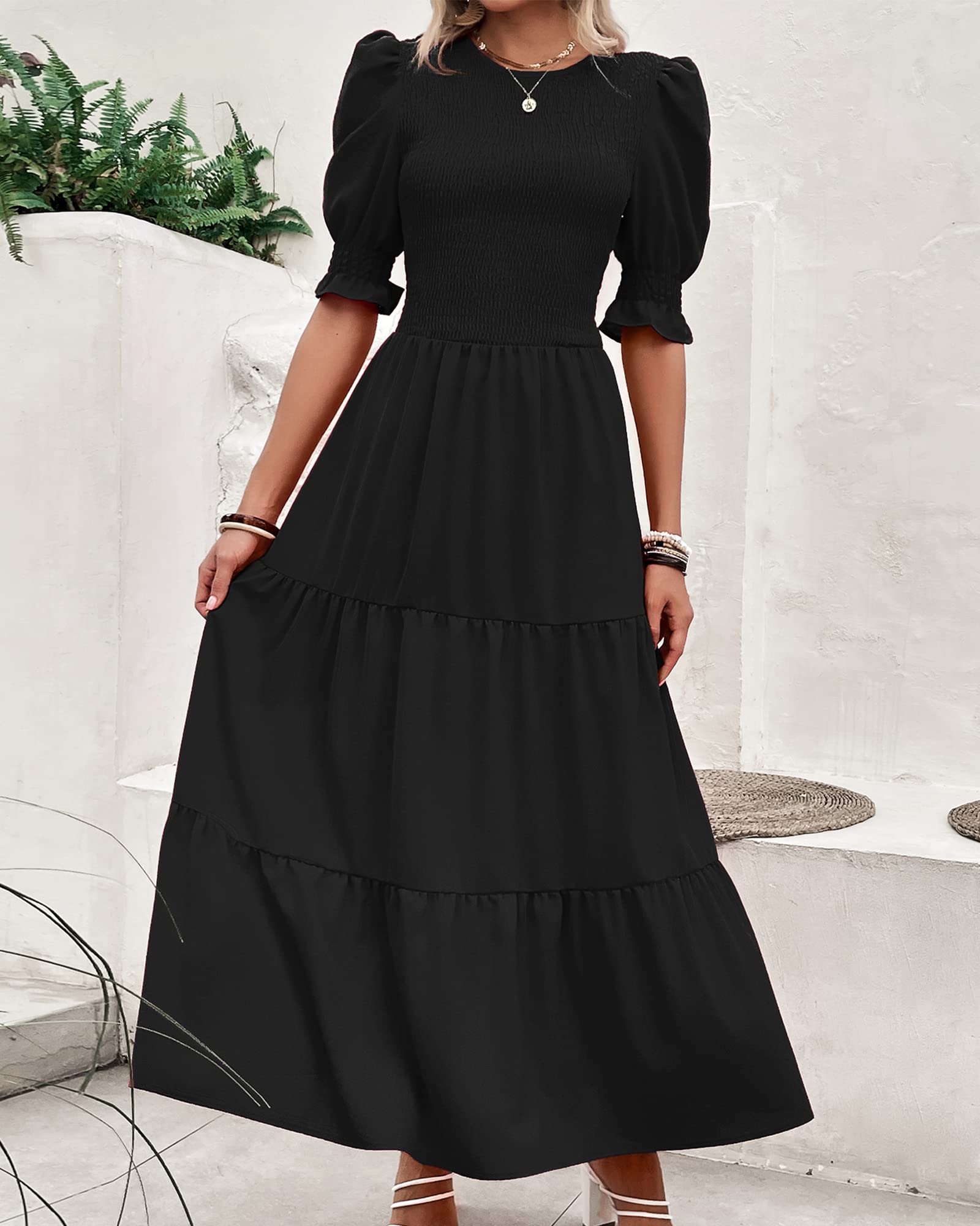 FreshPretty Women Casual Summer Dresses Spring Crew Neck Ruffle Short Sleeve Floral Print Smocked Boho Flowy Maxi Dress