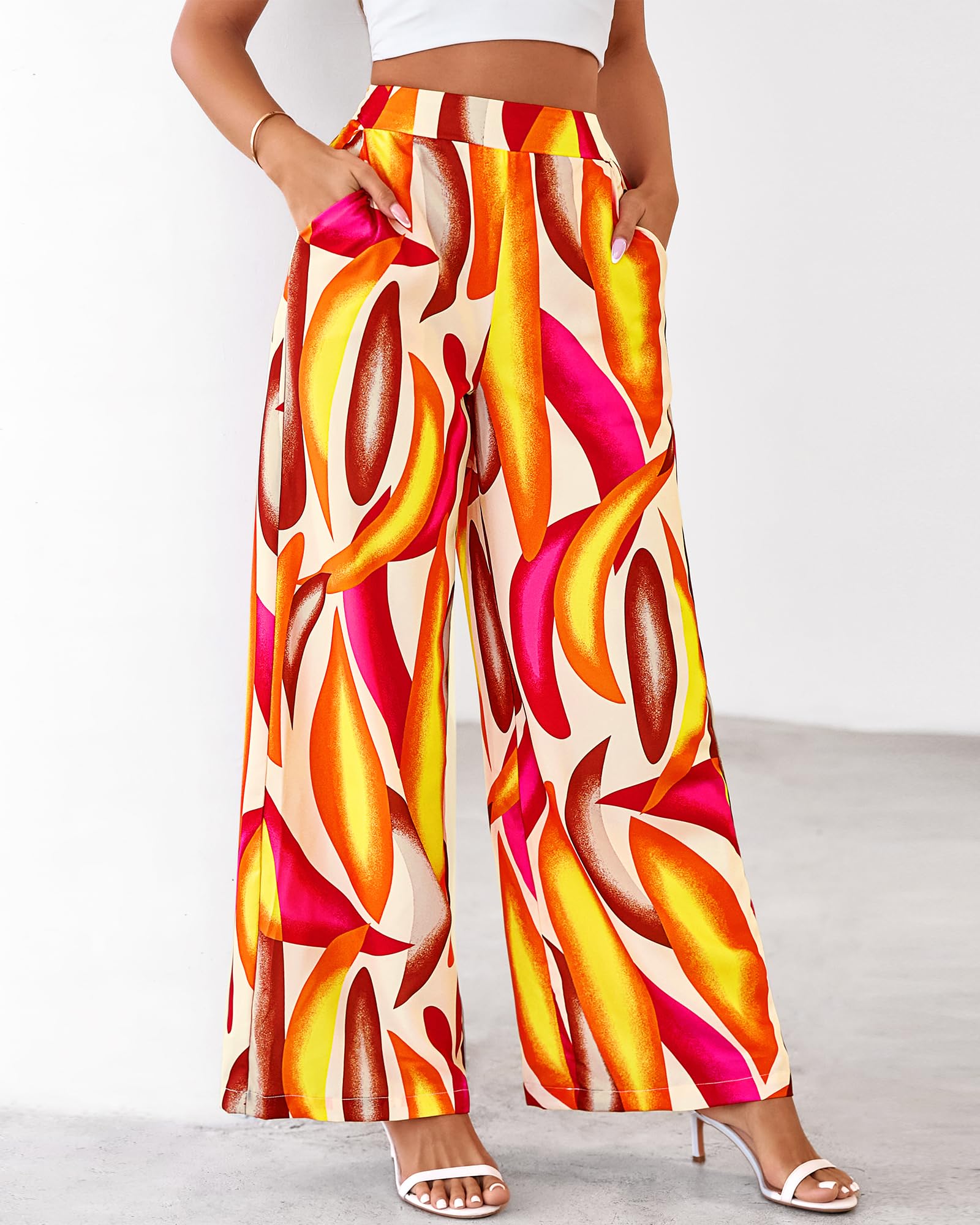 FreshPretty Womens Wide Leg Summer Pants Boho Beach Vacation Loose Elastic Waist Printed Palazzo Pant Pockets