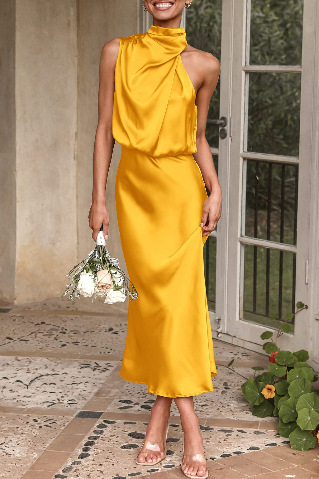 PRETTYGARDEN Women's Summer Satin Dress Elegant Sleeveless Mock Neck Cocktail Party Maxi Dresses