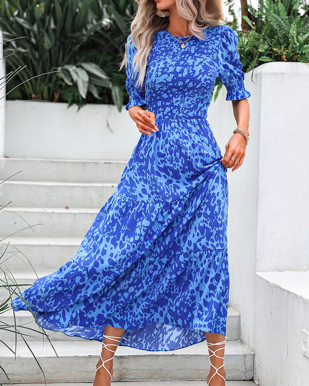 FreshPretty Women Casual Summer Dresses Spring Crew Neck Ruffle Short Sleeve Floral Print Smocked Boho Flowy Maxi Dress