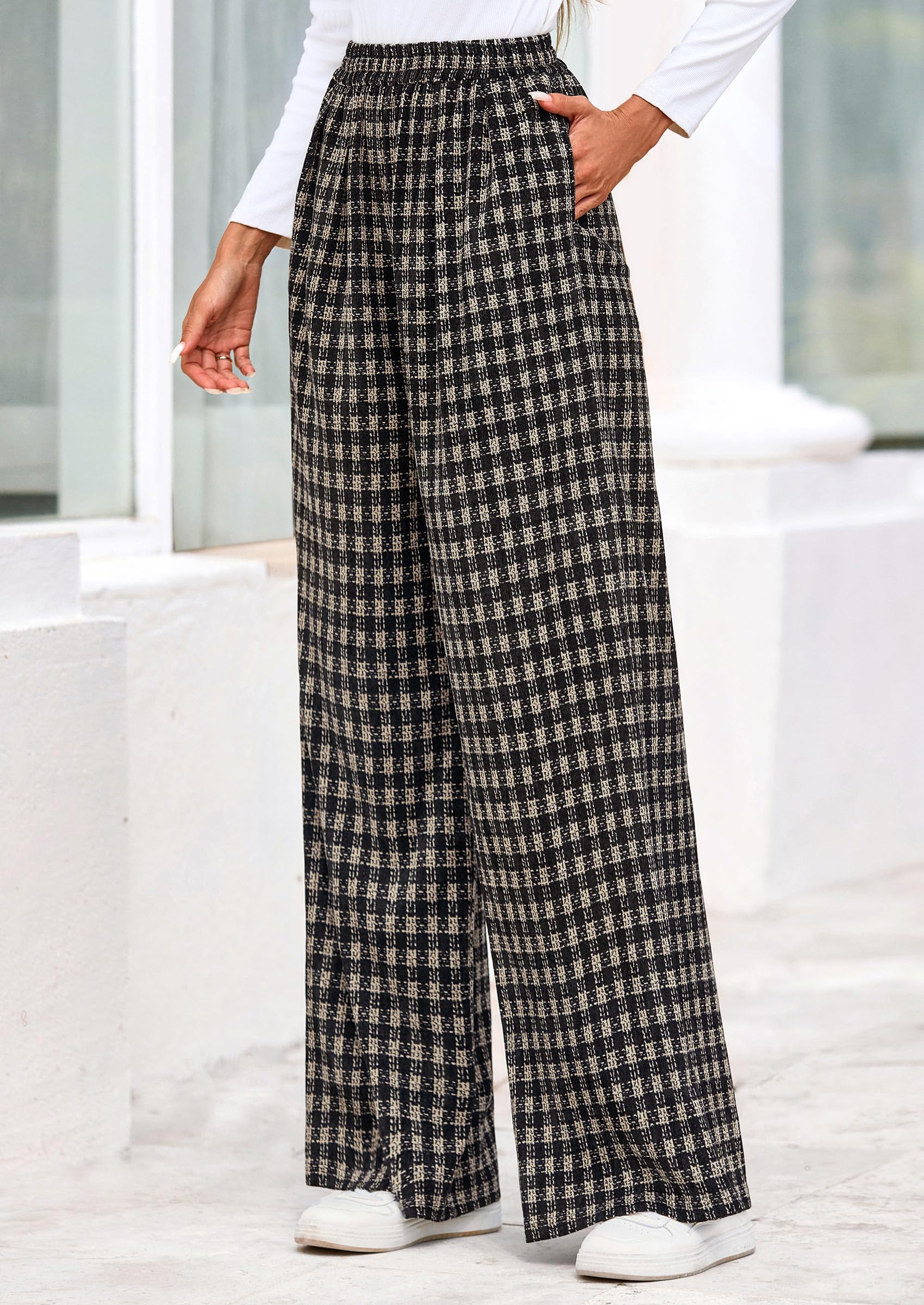 PRETTYGARDEN Casual Women's Pants Elastic Waist Palazzo Long Pajama Wide Leg Trousers Knit Fall Outfits with Pockets