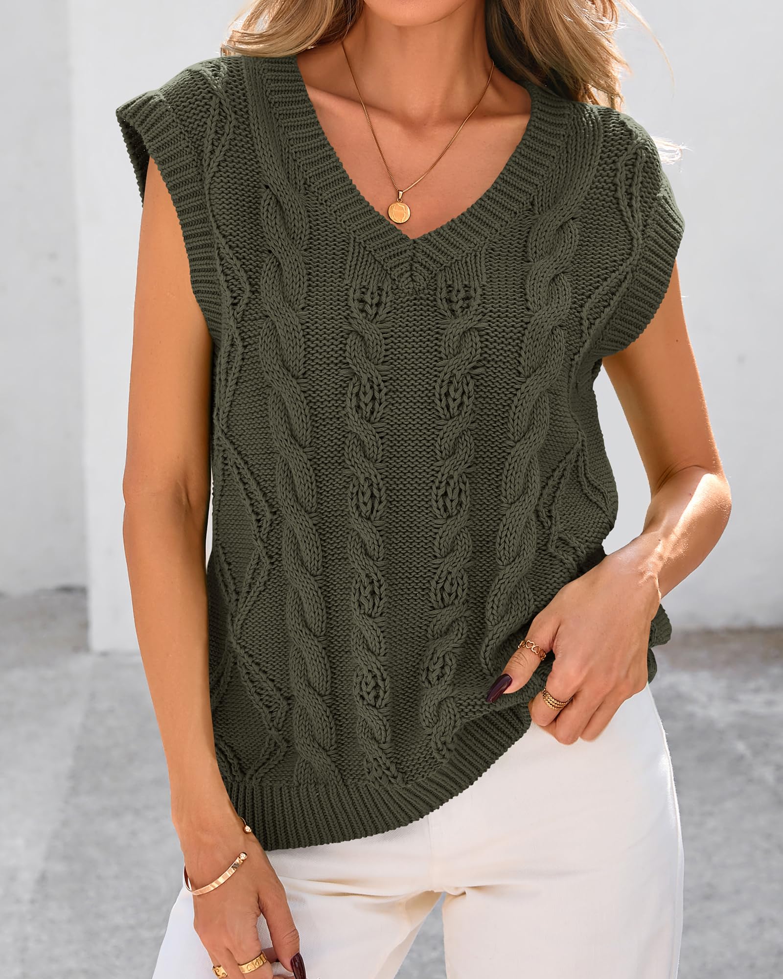 FreshPretty Sweater Vest Women Oversized V Neck Cable Knit Casual Pullover Sweaters Fall Outfits Sleeveless Tops