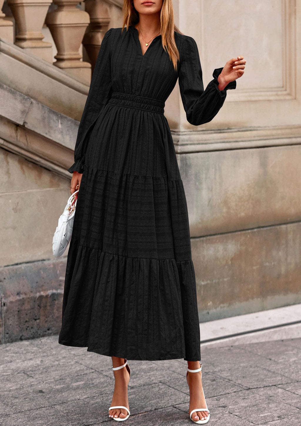 PRETTYGARDEN Women's Fall Wedding Guest Dresses Long Sleeve V Neck Flowy Elegant Holiday Party Maxi Dress with Pockets