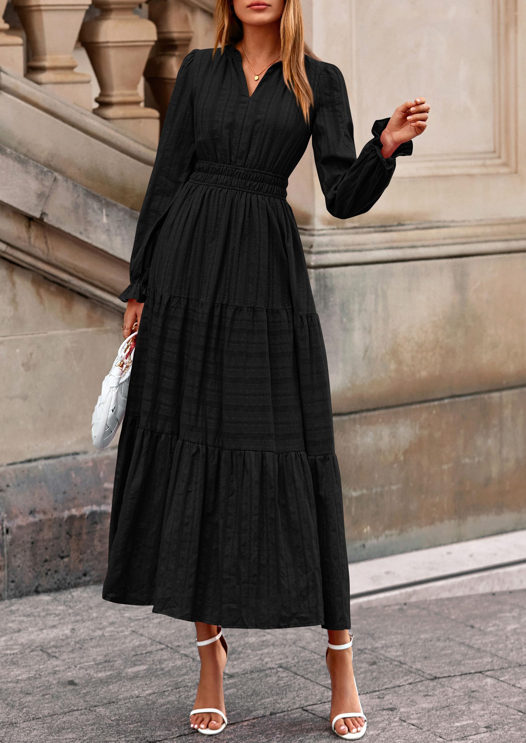 PRETTYGARDEN Women's Fall Wedding Guest Dresses Long Sleeve V Neck Flowy Elegant Holiday Party Maxi Dress with Pockets