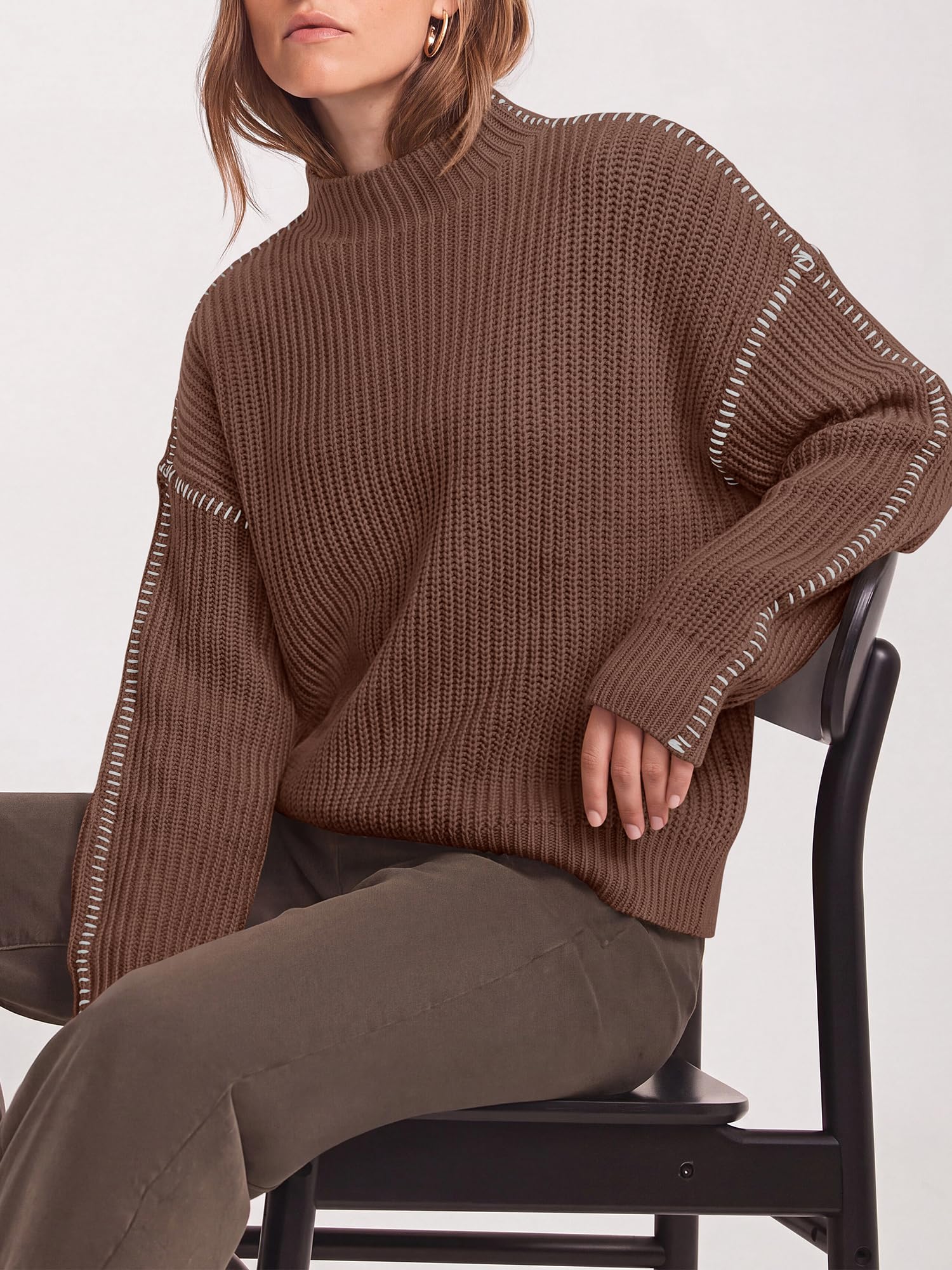 "BTFBM Womens Oversized Sweaters Contrast Chunky Knit Sweater Loose Fit Mock Neck Long Sleeve Tops, Soft Cozy Knitwear, Fall Fashion 2026, Casual Winter Clothing, Daily Going Out Outfits"