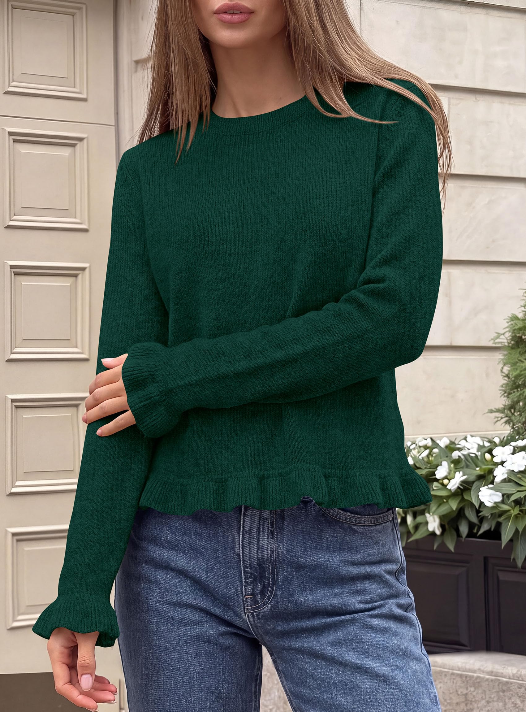 PRETTYGARDEN Women's Ruffle Sweaters Fall Fashion Cozy Knit Pullover Soft Stretchy, Crewneck Long Sleeve, Cute Peplum Tops, Dressy Casual Blouses, Going Out Holiday, Trendy Winter Outfits