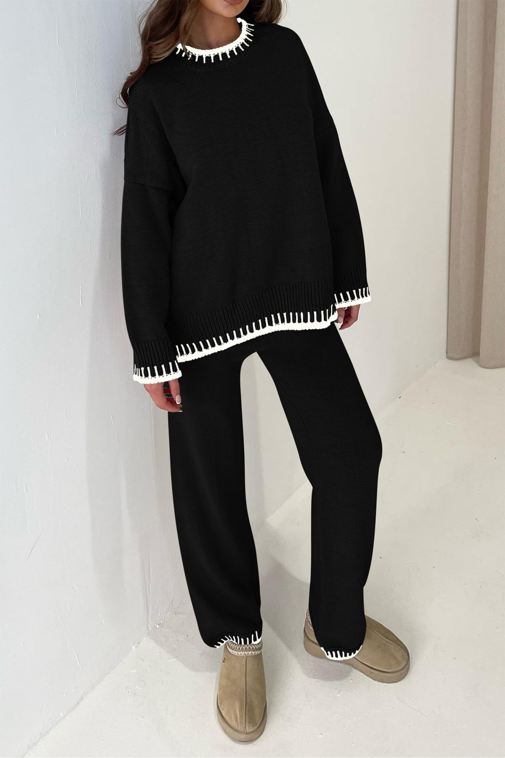 PRETTYGARDEN Women's 2 Piece Knit Sweater Outfit Casual Long Sleeve Pullover Wide Leg Pants Tracksuit Loungewear Set