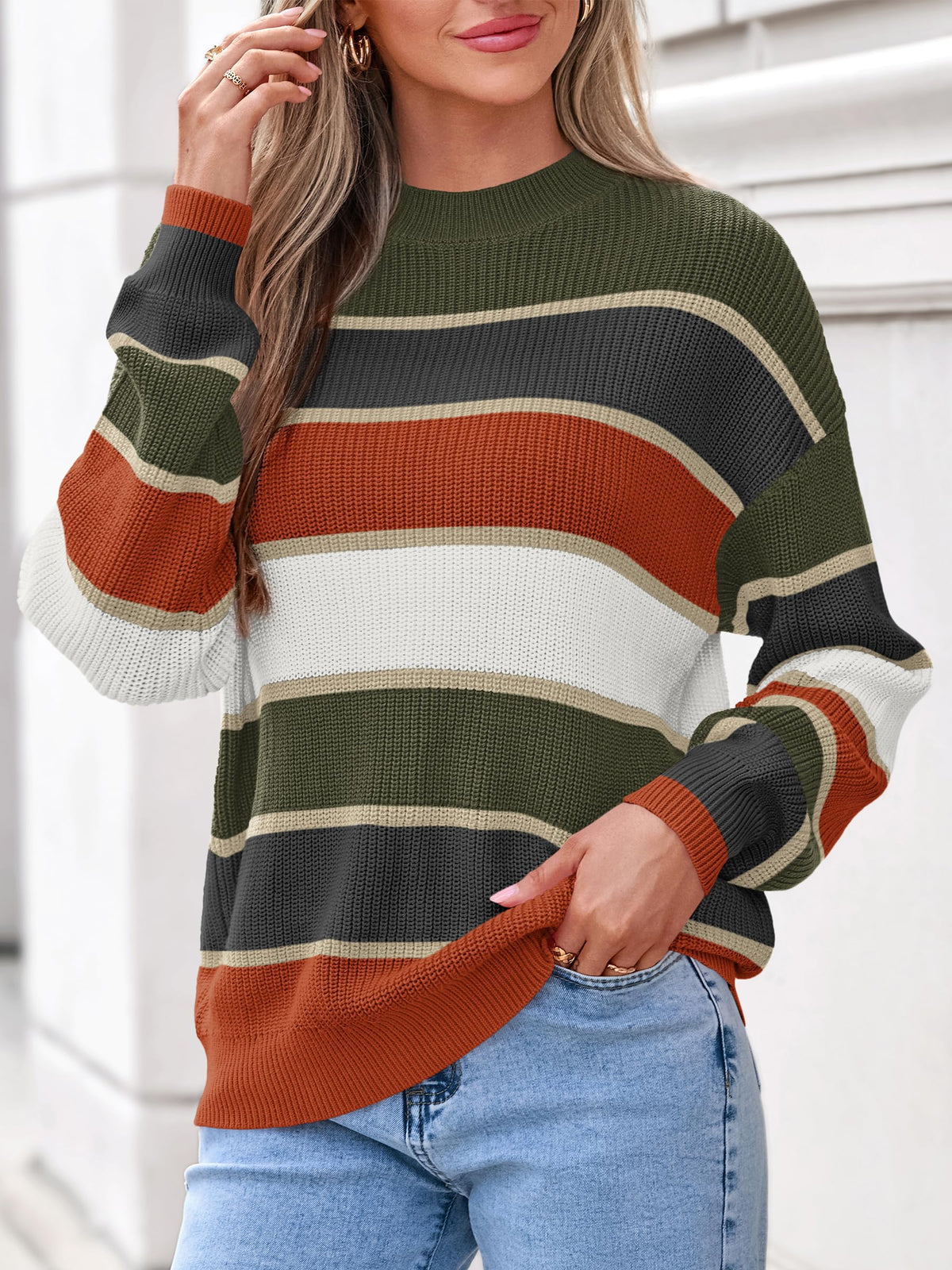 FreshPretty Womens Striped Sweater Oversized Casual Cute Long Sleeve Fall Tops,Crewneck,Color Block, Cozy Chunky Knit Tops,Fall Pullover Sweaters Trendy,Winter Fashion Clothes