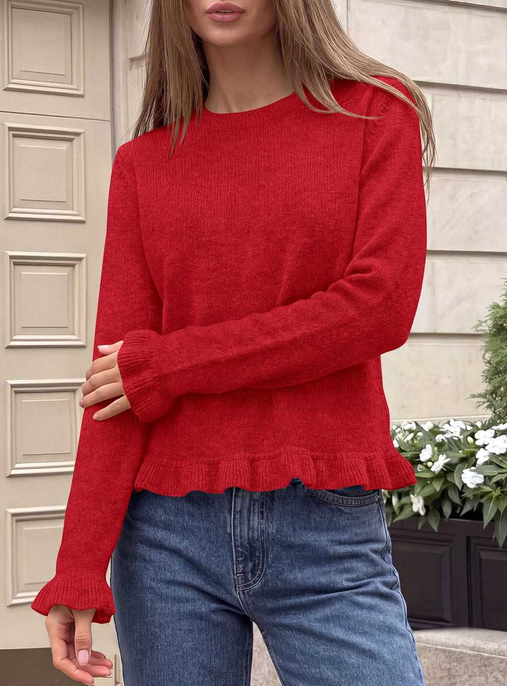PRETTYGARDEN Women's Ruffle Sweaters Fall Fashion Cozy Knit Pullover Soft Stretchy, Crewneck Long Sleeve, Cute Peplum Tops, Dressy Casual Blouses, Going Out Holiday, Trendy Winter Outfits