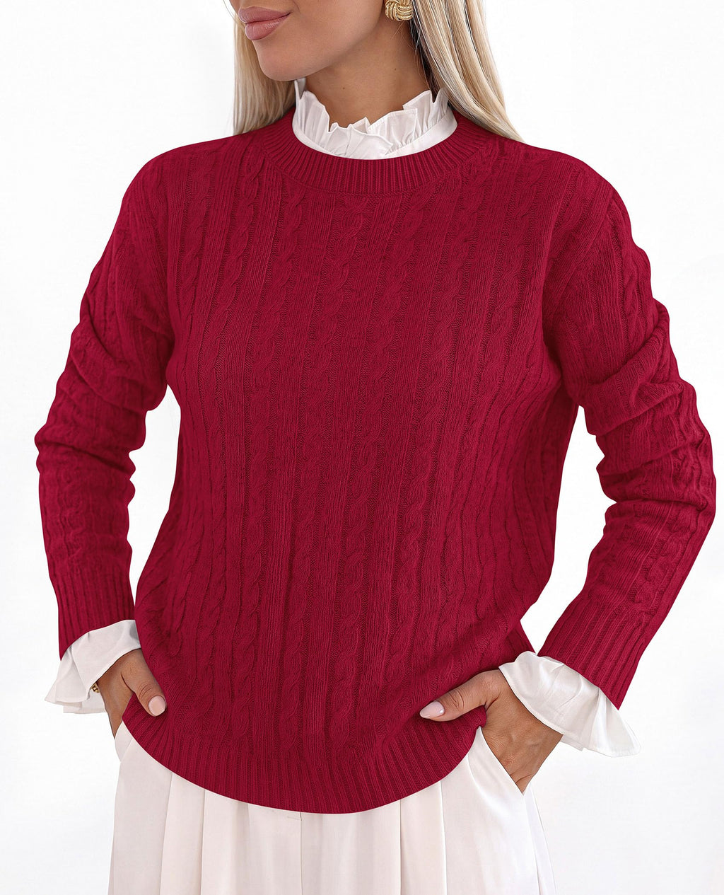 PRETTYGARDEN Women's Cable Knit Sweaters Long Sleeve Pullover Fall Outfits Soft Cozy Knit Tops, Ribbed Crewneck Regular Fit, Basic Daily, Work Business Casual, Teacher Outfits, Winter Layer Clothing