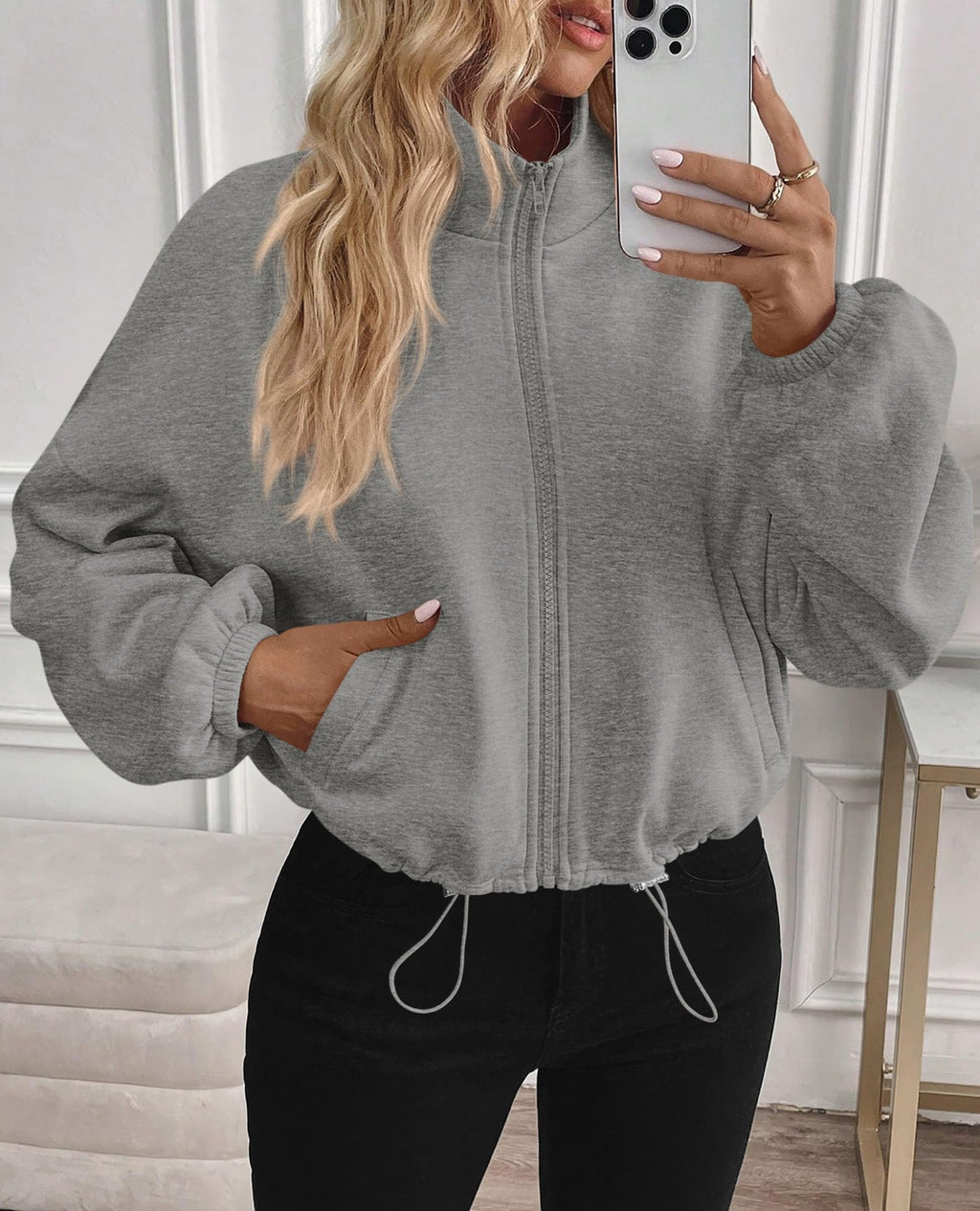 PRETTYGARDEN Womens Zip Up Fleece Cropped Sweatshirt Jacket Oversized Loose Soft Stand Collar with Drawstring Hem, Long Sleeve Casual Coat With Pockets, Fall Outfits Winter Clothing