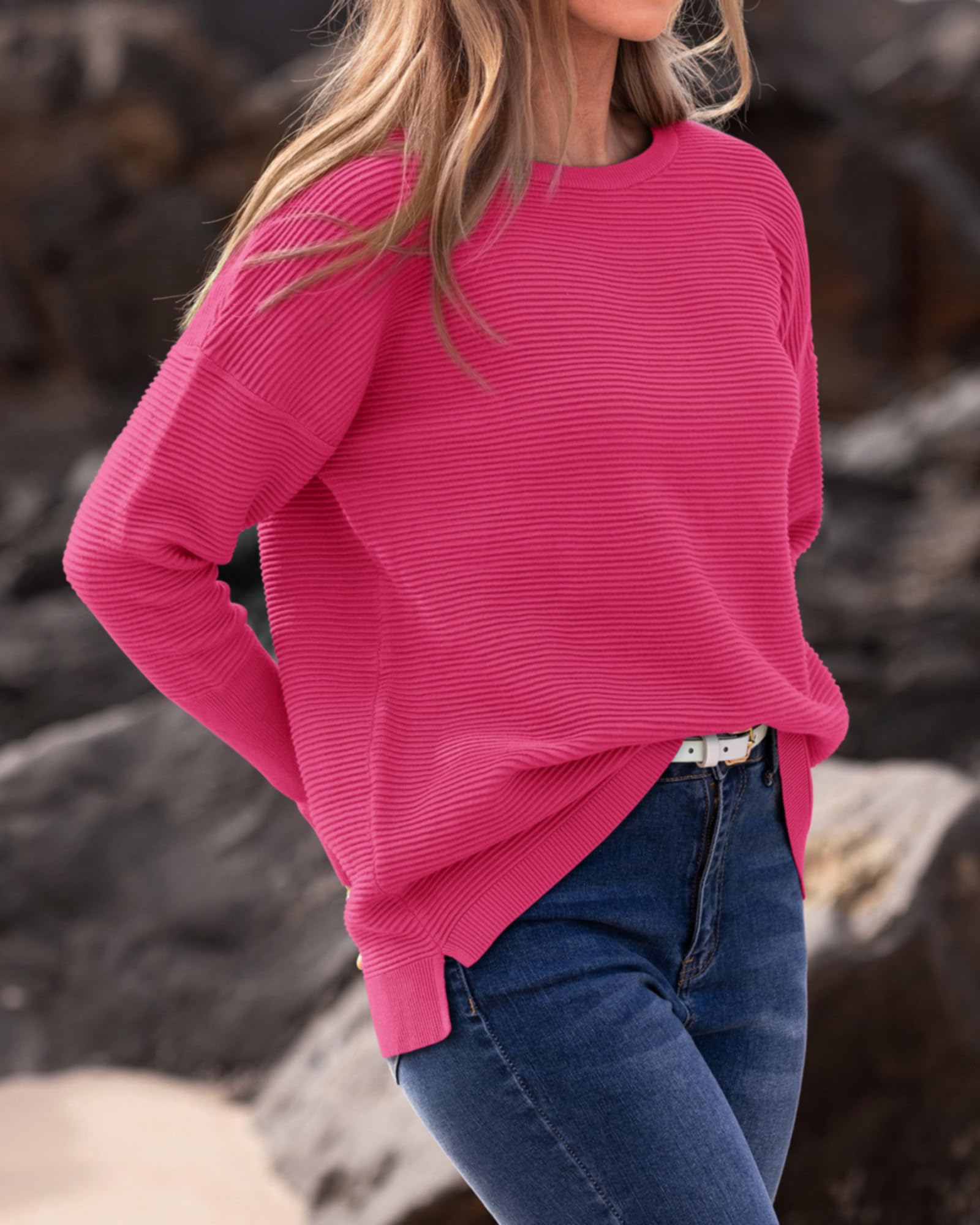 FreshPrettyFall Sweaters for Women Casual Long Sleeve Sweater Striped Loose Fit Pullover Tops