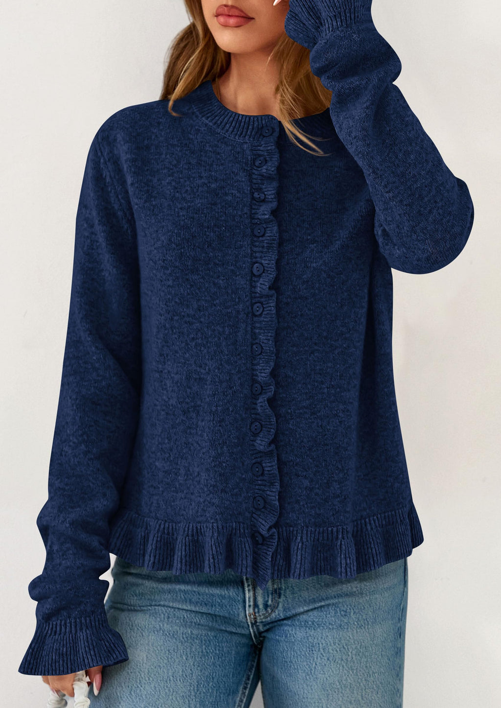 PRETTYGARDEN Womens Fall Button Down Cardigans Chunky Knit Ruffle Open Front Cropped Cardigan Sweaters Soft Long Sleeve Tops