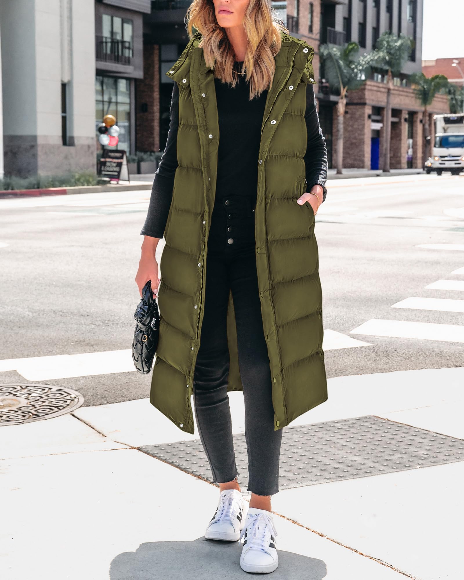 FreshPretty Long Puffer Vest Women Quilted Hooded Button Down Zip Up Sleeveless Vests Outerwear Padded Jacket Fall Winter Coat