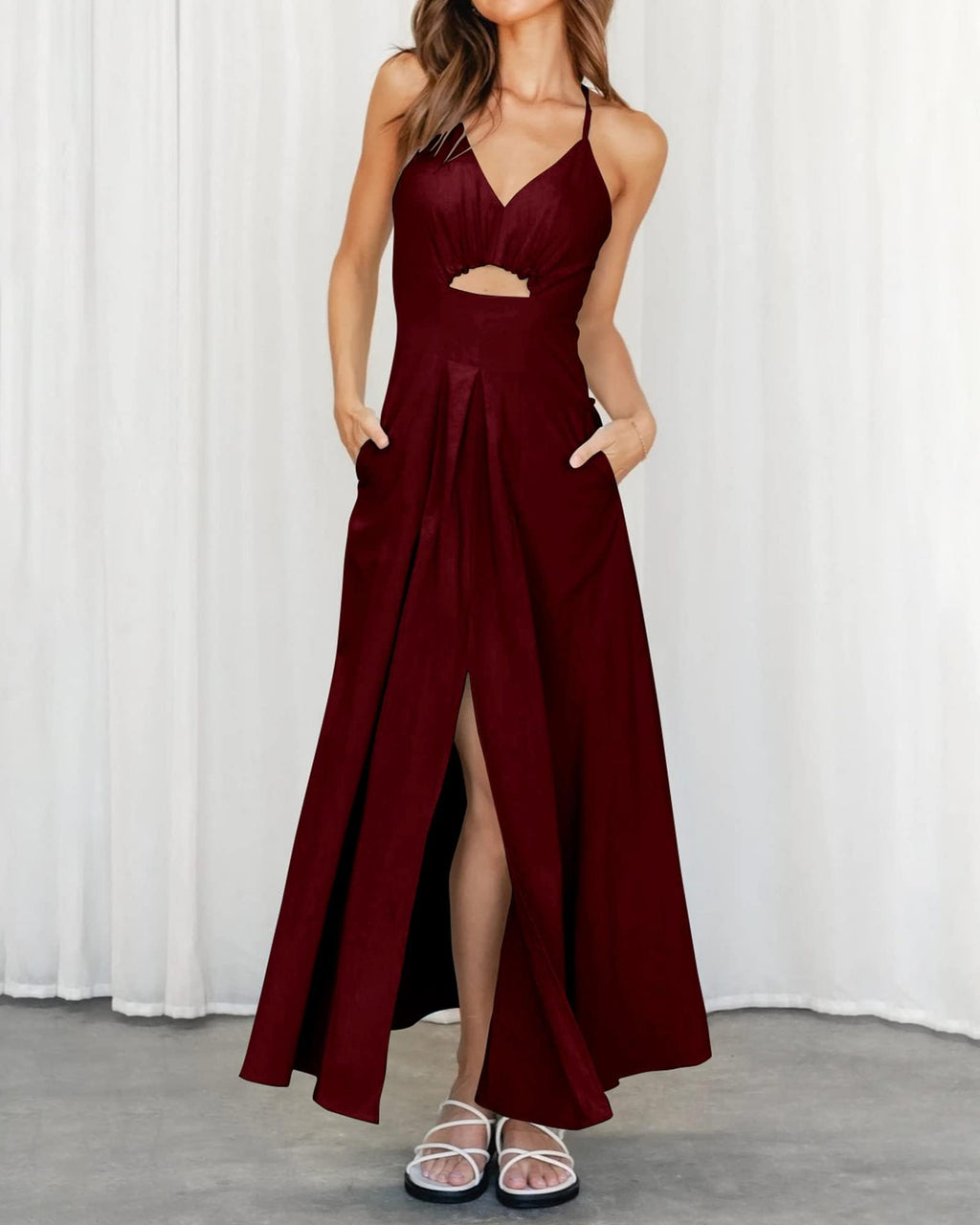 FreshPretty Women Summer Spaghetti Strap Midi Dress Sleeveless V Neck Cutout Slit Casual Beach Party Maxi Dresses Pockets