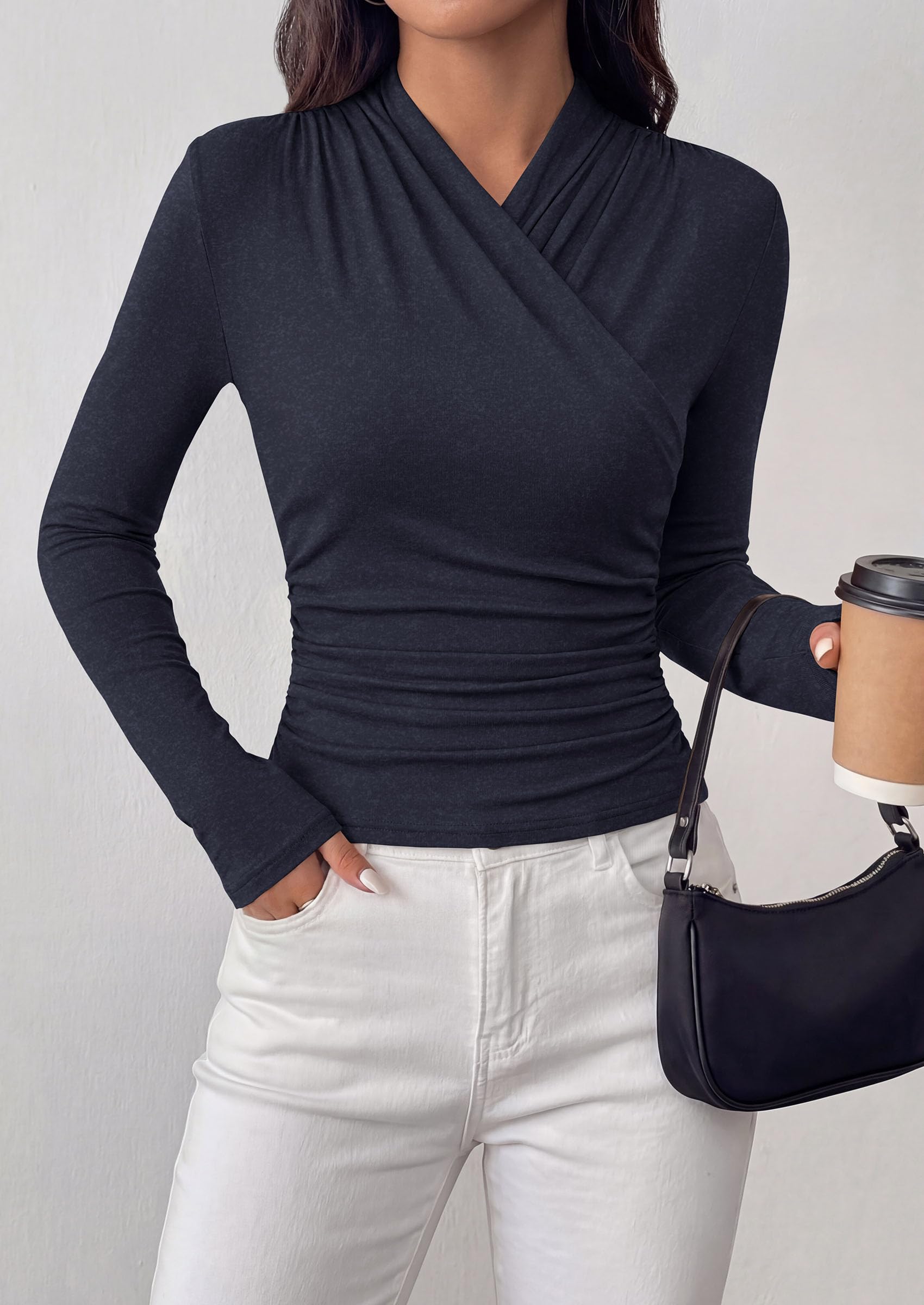 PRETTYGARDEN Womens Long Sleeve Shirts Going Out Wrap Top | Soft Heathered Stretchy Viscose Fitted Blouse, V Neck Ruched Waist Dressy Tops, Office Business Casual Fall Winter Daily Wear