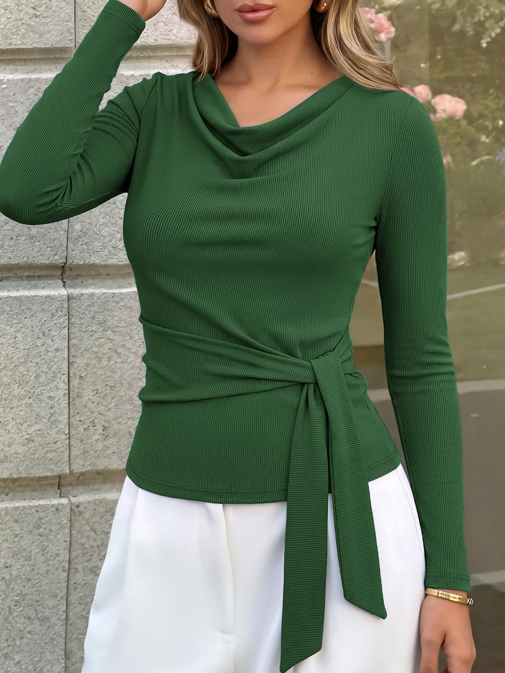 BTFBM Fall Tops for Women Tie Waist Wrap Blouses Business Casual Outfits Slim Fit Cowl Neck Long Sleeve Shirts, Elegant Dressy Blouse, Fashion Clothing, Daily Wear Going Out Office Work Clothes