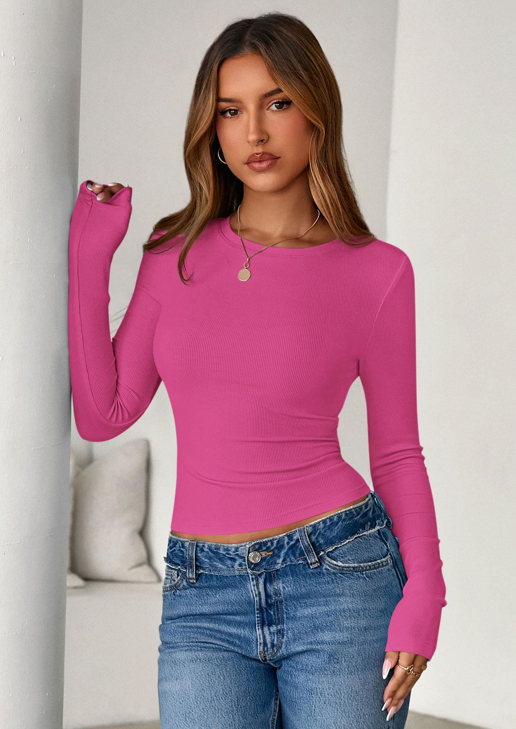 PRETTYGARDEN Women Fall Clothes Long Sleeve Shirts Ribbed Knit Fitted Basic Tee Going Out Tops Underscrub Casual Outfits