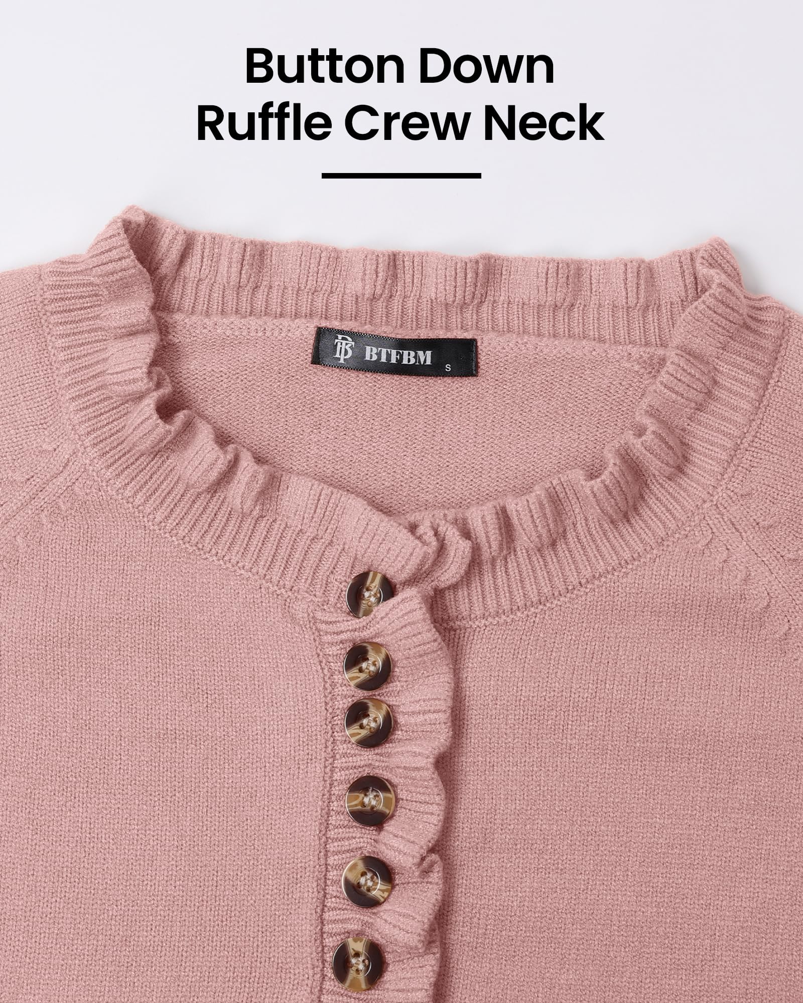 FreshPretty Womens Sweaters Fall Winter Clothes Long Sleeve Button Down Ruffle Crew Neck Casual Knitted Pullover Tops