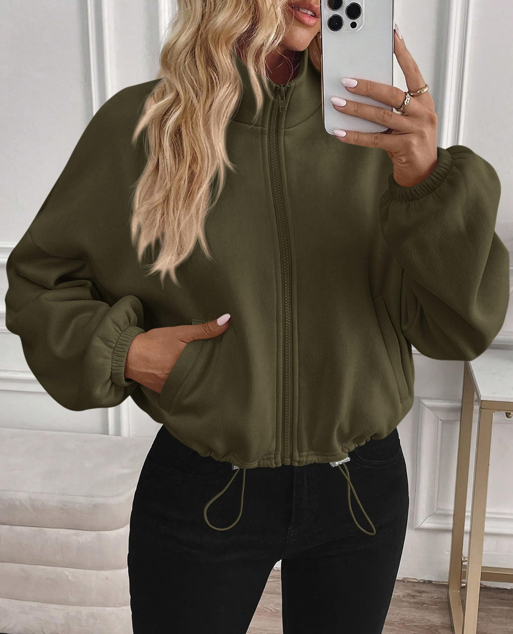 PRETTYGARDEN Womens Zip Up Fleece Cropped Sweatshirt Jacket Oversized Loose Soft Stand Collar with Drawstring Hem, Long Sleeve Casual Coat With Pockets, Fall Outfits Winter Clothing