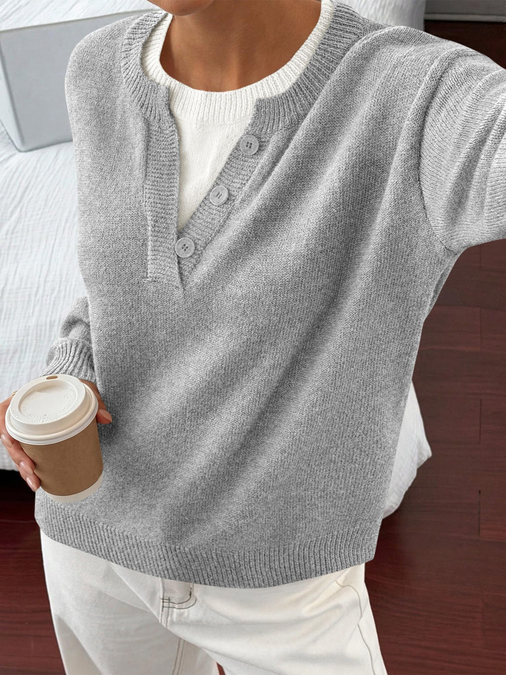 BTFBM Women Long Sleeve Crew Neck Sweaters Tops, 2 in1 Knitted Pullover, Deco Buttons, Oversized, Stretchy, Vacation, Business Casual Outfits, Fall Winter Trendy