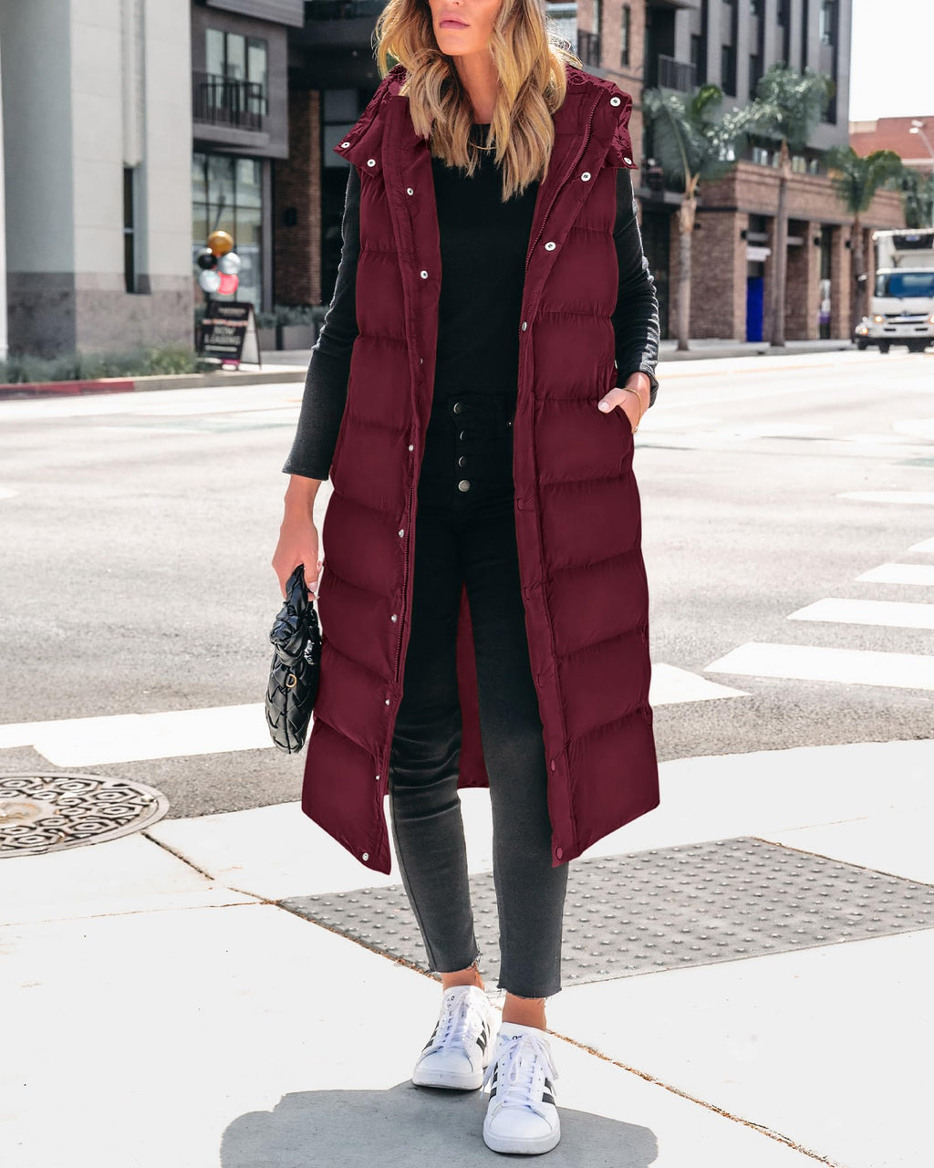 FreshPretty Long Puffer Vest Women Quilted Hooded Button Down Zip Up Sleeveless Vests Outerwear Padded Jacket Fall Winter Coat