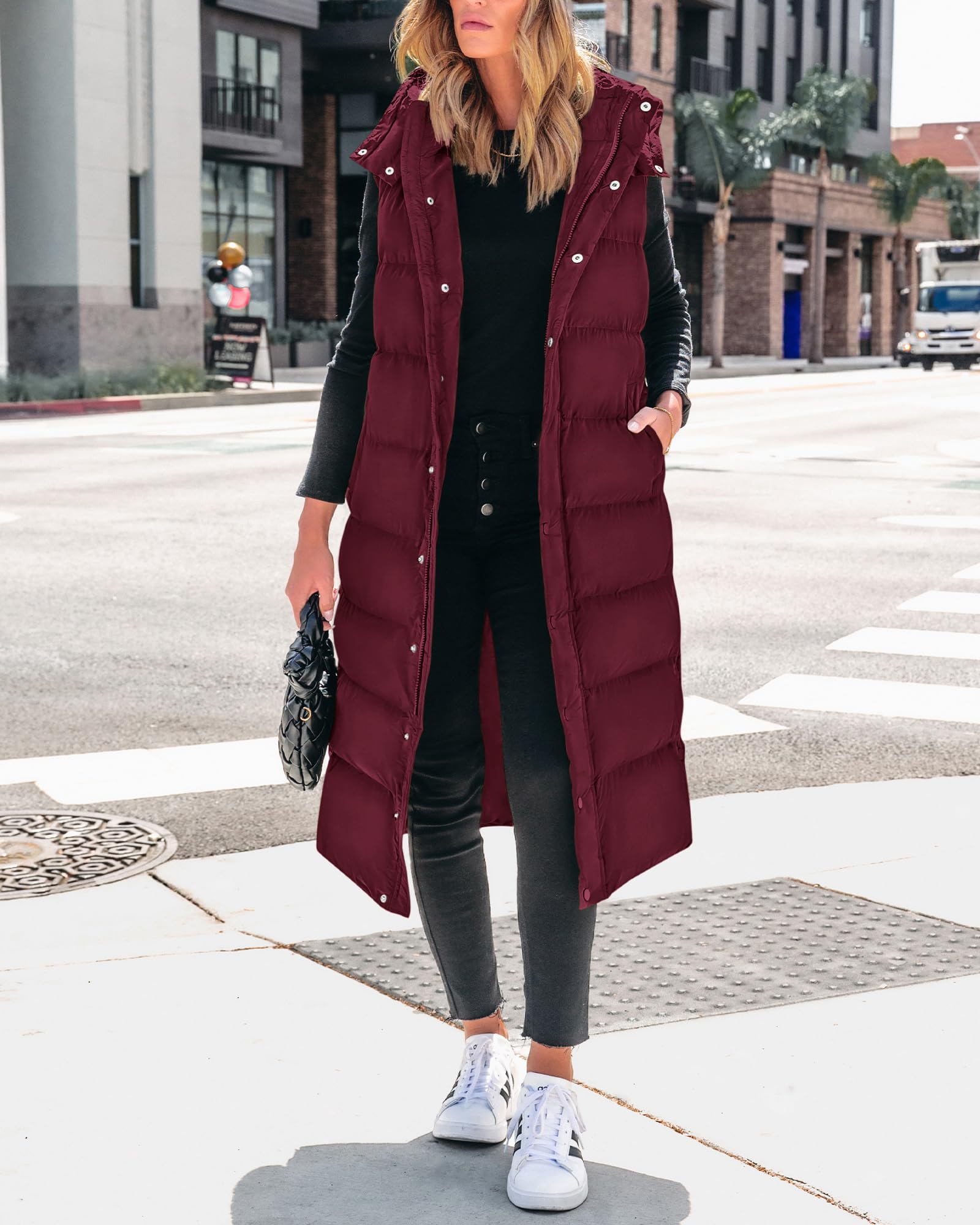 FreshPretty Long Puffer Vest Women Quilted Hooded Button Down Zip Up Sleeveless Vests Outerwear Padded Jacket Fall Winter Coat