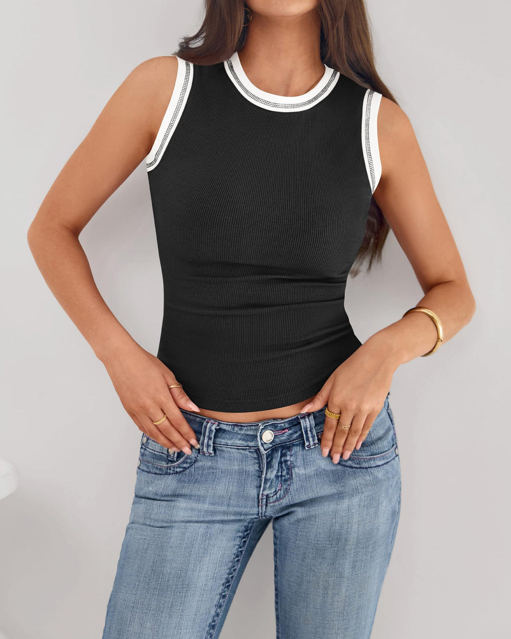 FreshPretty Crew Neck Tank Top for Women Sleeveless Ribbed Contrasting Slim Fitted Y2k Casual Basic Shirts Spring Summer Tops