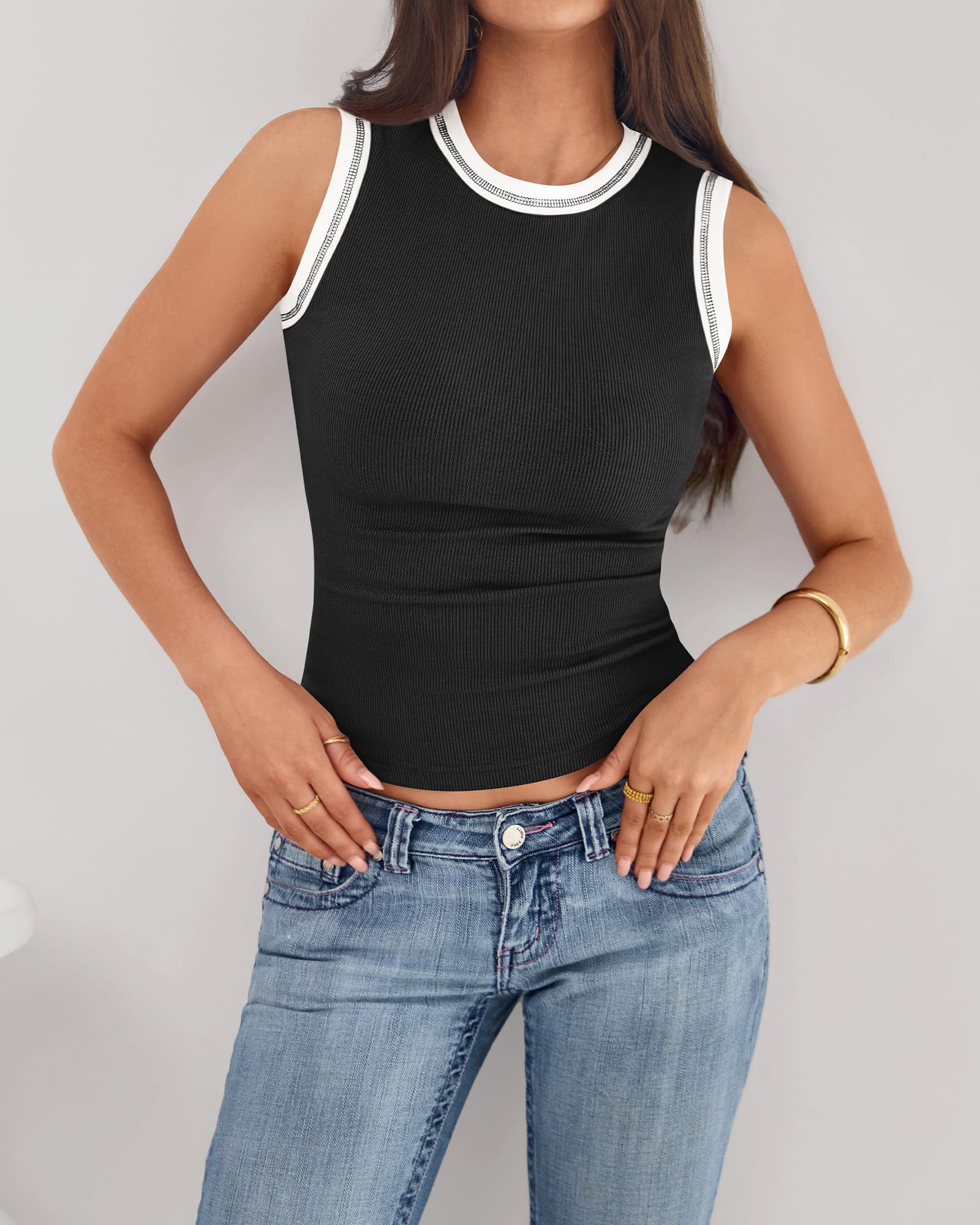 FreshPretty Crew Neck Tank Top for Women Sleeveless Ribbed Contrasting Slim Fitted Y2k Casual Basic Shirts Spring Summer Tops