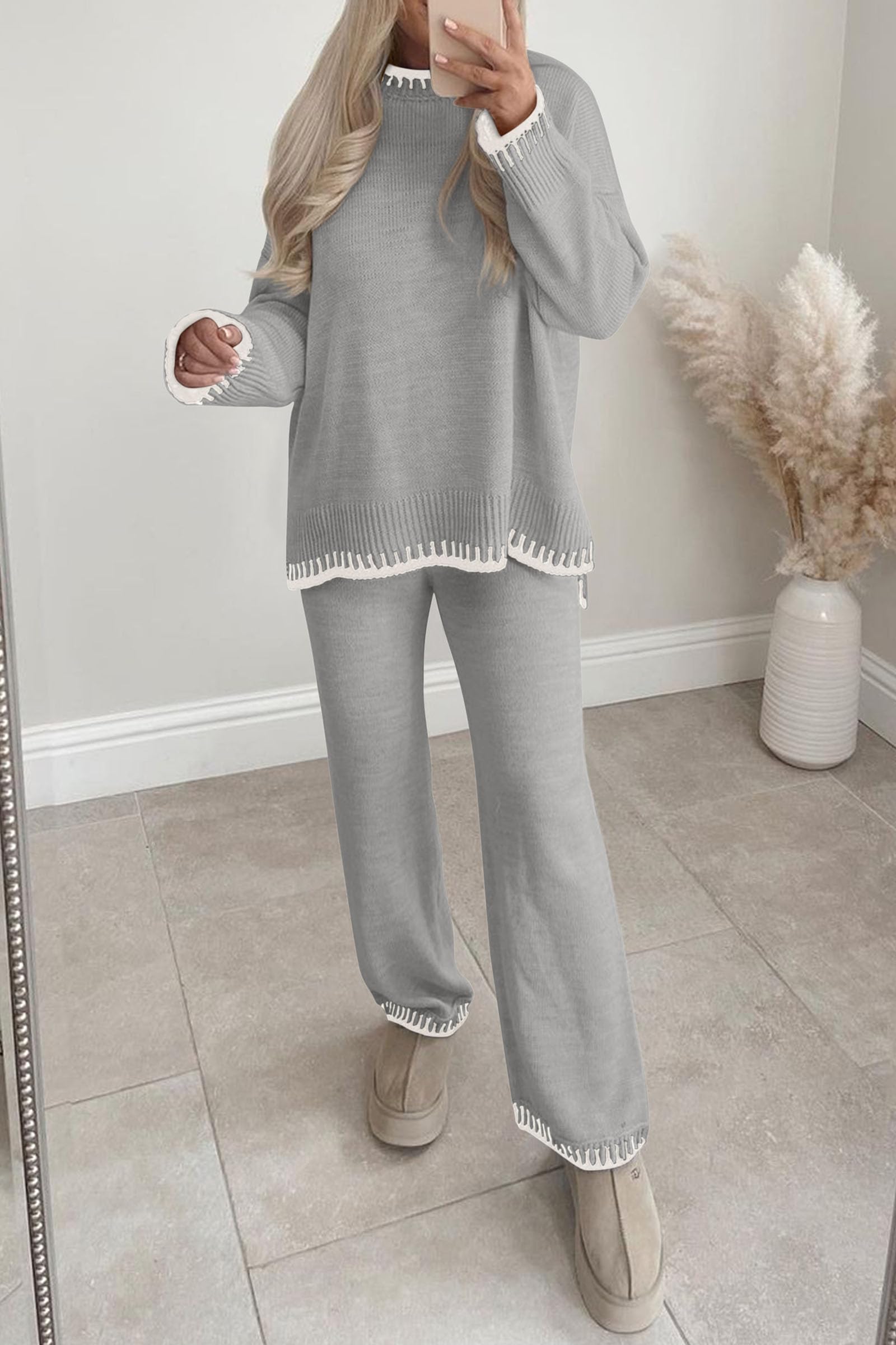 PRETTYGARDEN Women's 2 Piece Knit Sweater Outfit Casual Long Sleeve Pullover Wide Leg Pants Tracksuit Loungewear Set