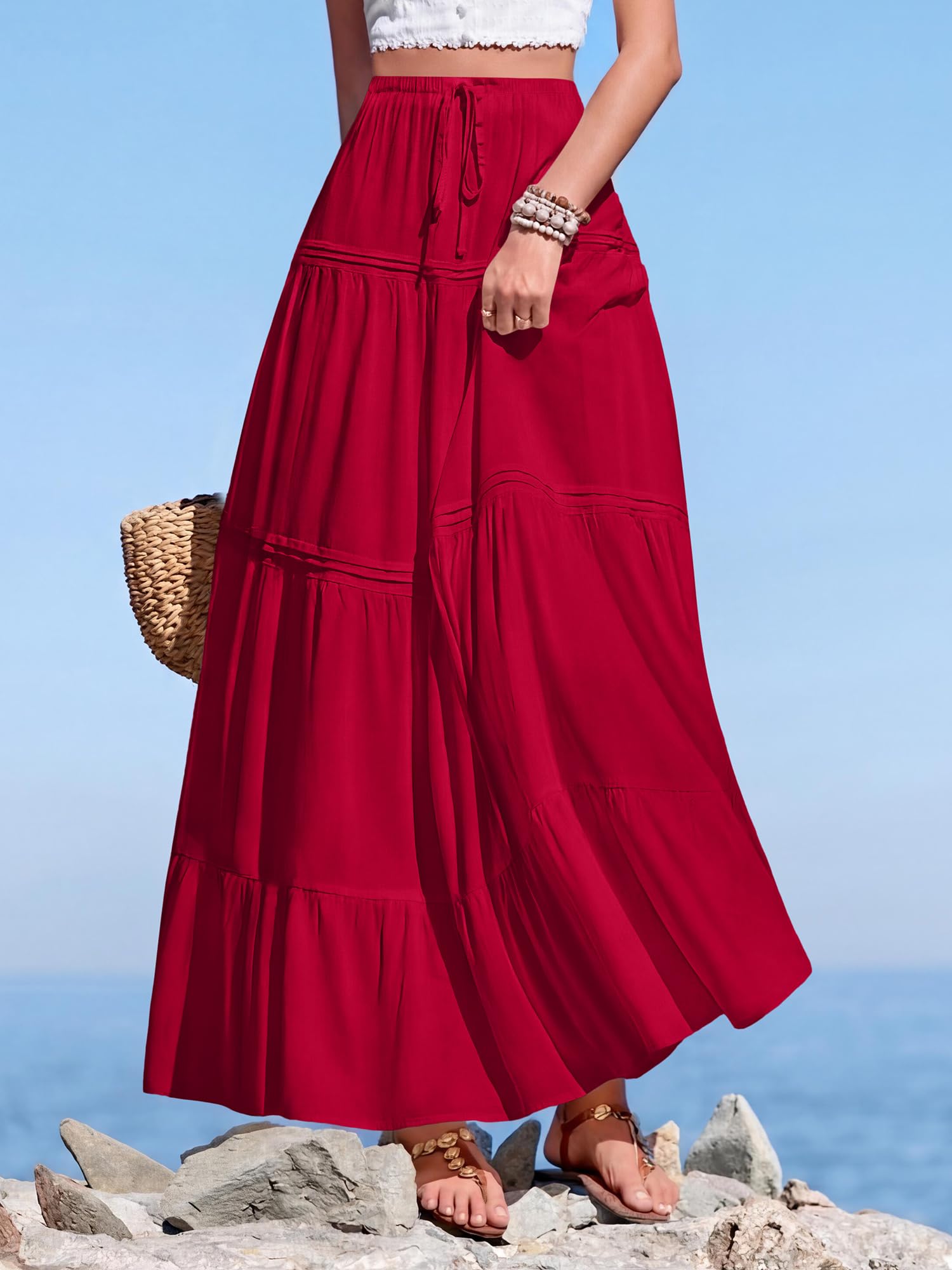 BTFBM Spring Skirts for Women Summer Boho Beach Vacation Clothes Casual Pleated High Waisted Flowy Maxi Skirt