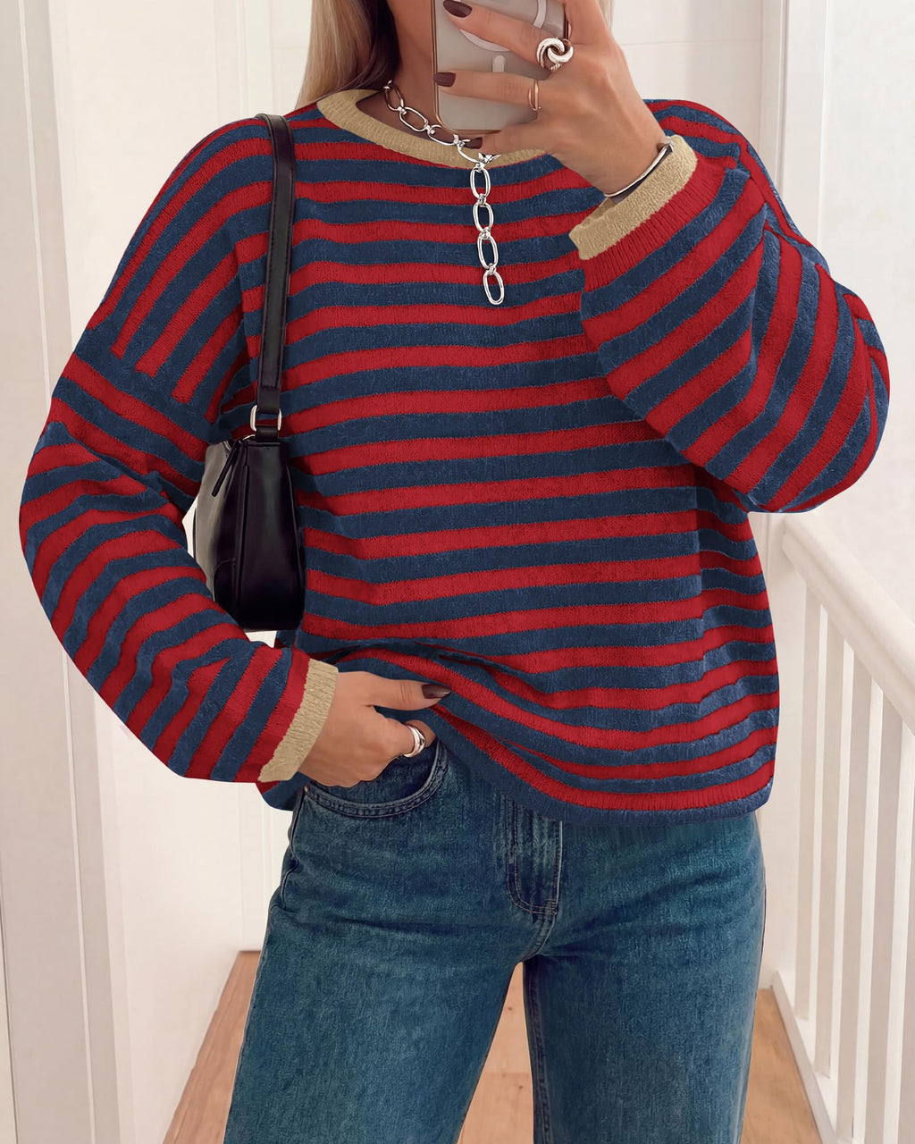 BTFBM Women's Lightweight Oversized Striped Sweater | Soft Knit Cozy Sweaters, Crew Neck Long Sleeve Pullover, y2k Color Block, Casual Holiday Outfits, Winter Fall Clothes