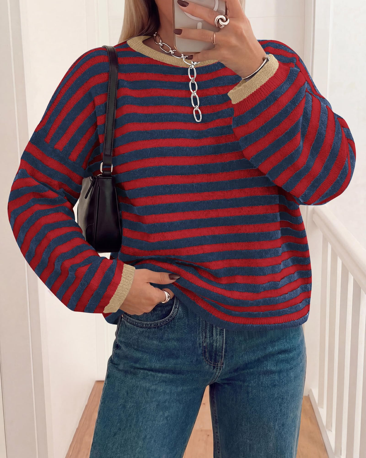BTFBM Women's Lightweight Oversized Striped Sweater | Soft Knit Cozy Sweaters, Crew Neck Long Sleeve Pullover, y2k Color Block, Casual Holiday Outfits, Winter Fall Clothes