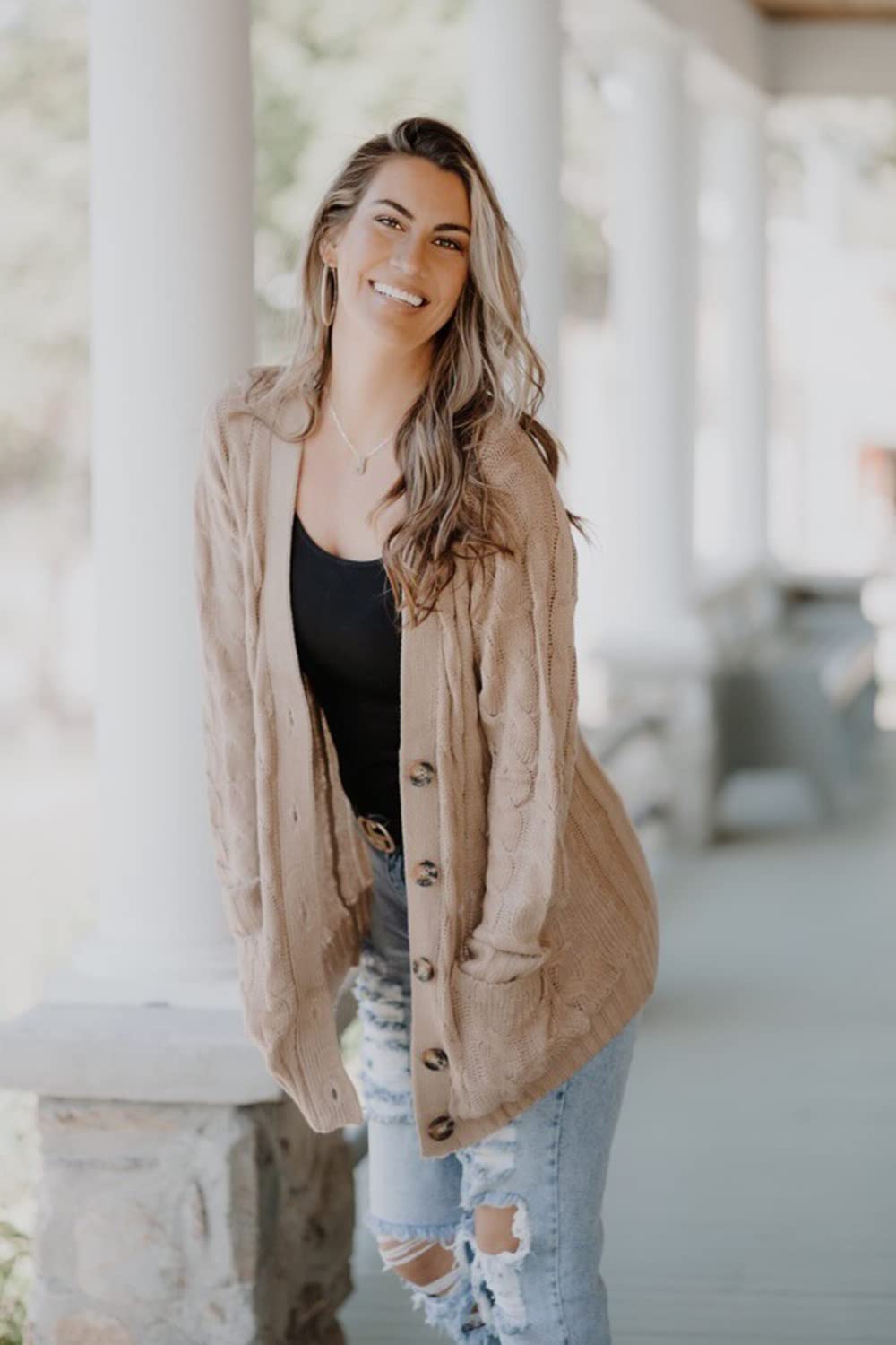 PRETTYGARDEN Women's Open Front Cardigan Sweaters Fall Fashion Button Down Cable Knit Chunky Winter Clothing Outerwear Coats