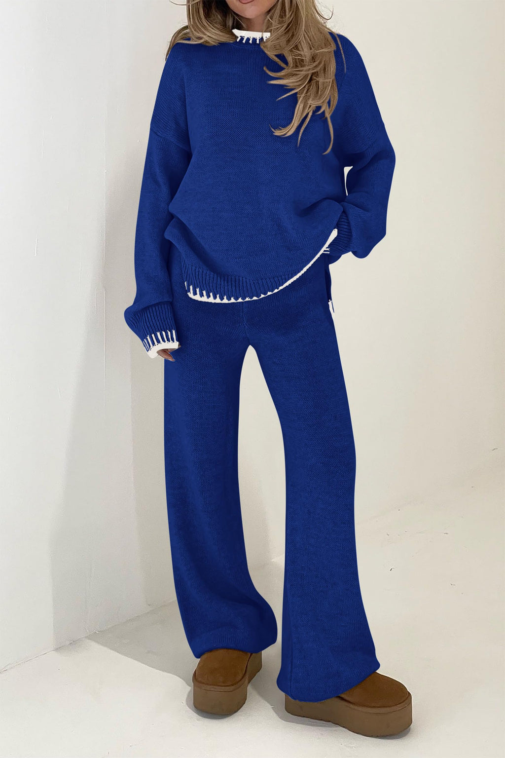 PRETTYGARDEN Women's 2 Piece Knit Sweater Outfit Casual Long Sleeve Pullover Wide Leg Pants Tracksuit Loungewear Set