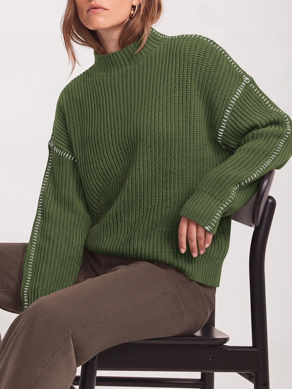 "BTFBM Womens Oversized Sweaters Contrast Chunky Knit Sweater Loose Fit Mock Neck Long Sleeve Tops, Soft Cozy Knitwear, Fall Fashion 2026, Casual Winter Clothing, Daily Going Out Outfits"