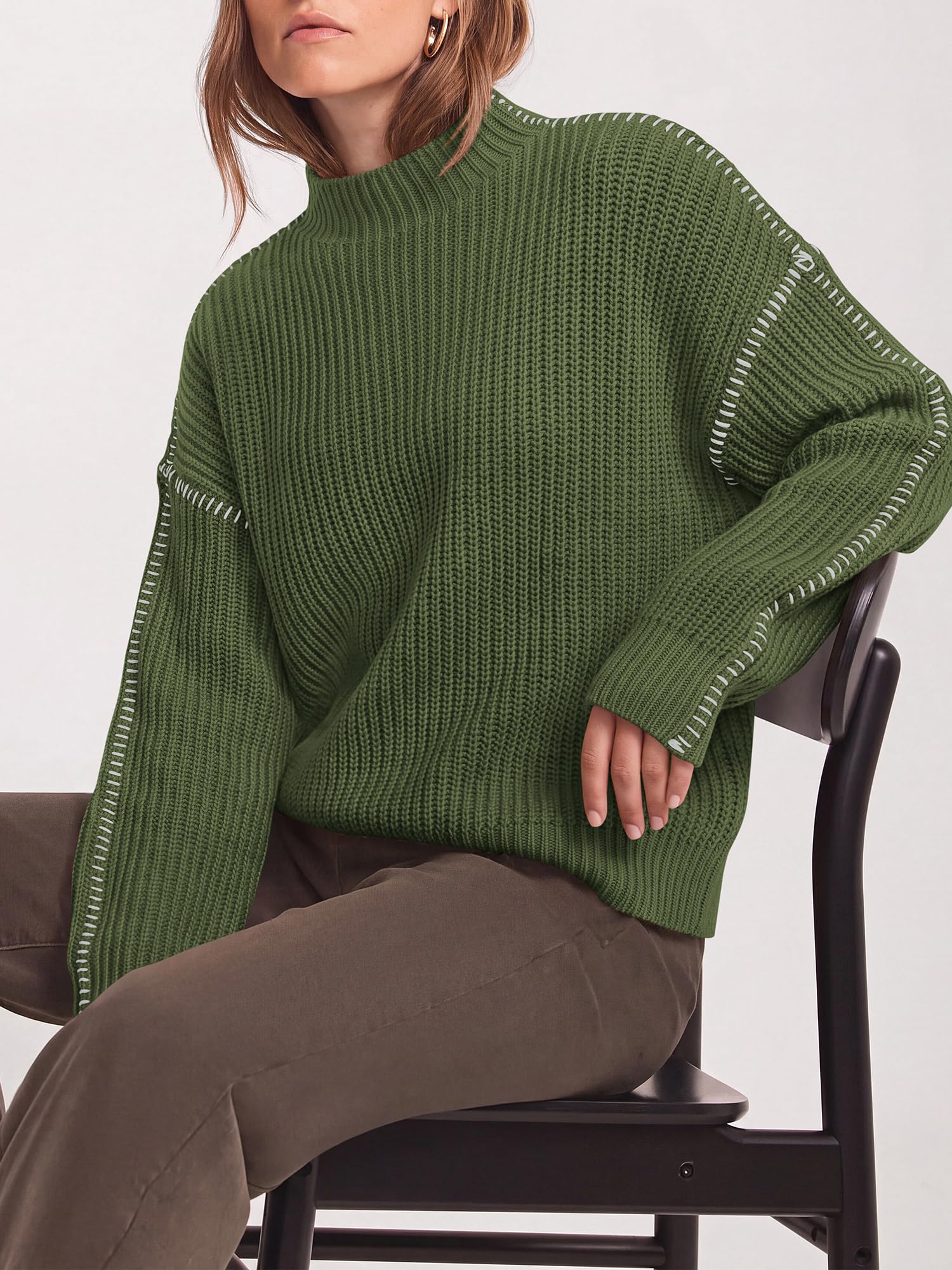 "BTFBM Womens Oversized Sweaters Contrast Chunky Knit Sweater Loose Fit Mock Neck Long Sleeve Tops, Soft Cozy Knitwear, Fall Fashion 2026, Casual Winter Clothing, Daily Going Out Outfits"