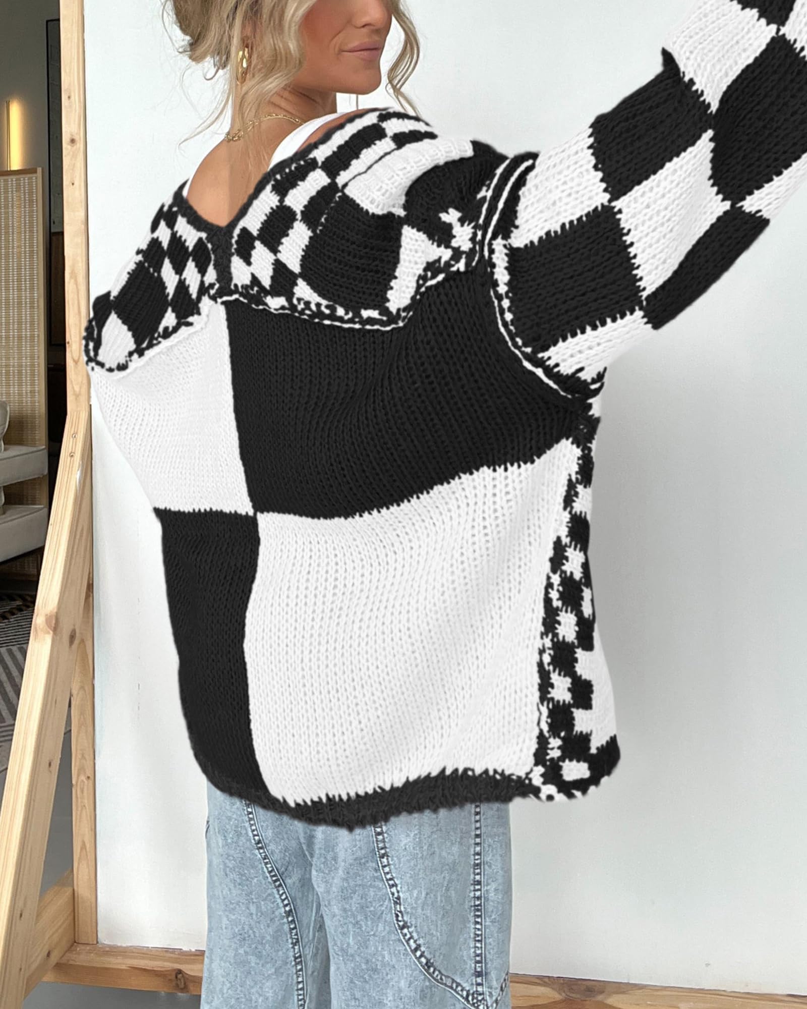 FreshPretty Casual Cardigan Sweater for Women Fall Long Sleeve Open Front Chunky Knit Sweaters Checkered Outwear Coat