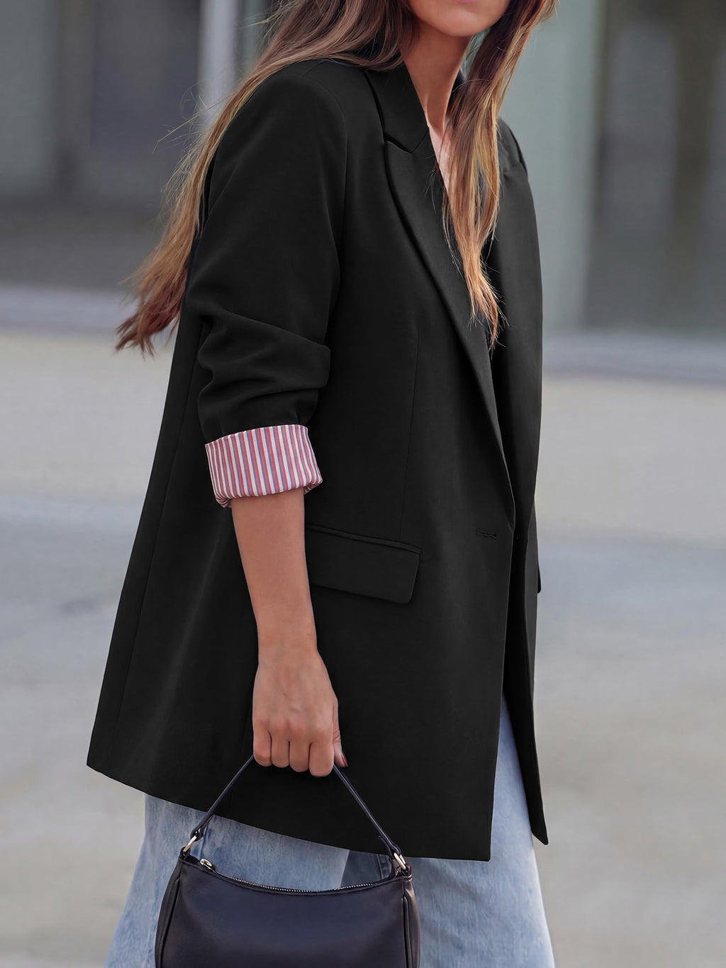 FreshPretty Blazers for Women Business Casual Fall Jackets,Lightweight Dressy Long Sleeve Suit Jacket,Loose Lapel Button Front,Striped Lined,Formal Professional Office Work Clothes