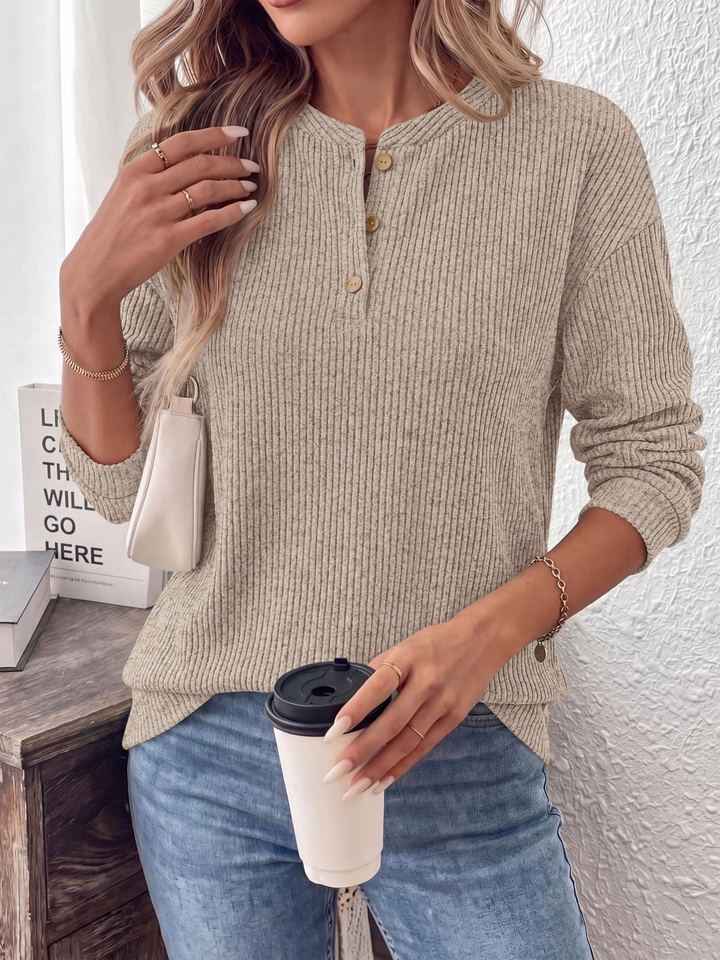 FreshPretty Henley Shirts For Women Ribbed Button Up Sweater Top,Soft Fall Long Sleeve Shirt,Lightweight Drop Shoulder Knit Tops,Dressy Casual Work Office Blouses,Teacher School Outfits