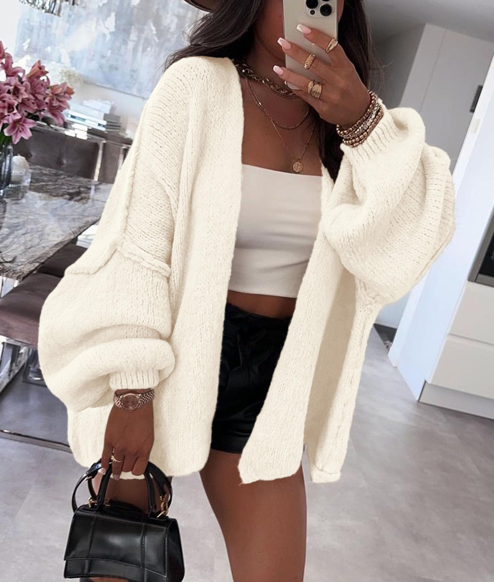 PRETTYGARDEN Womens Oversized Cardigan Sweaters Fall Long Lantern Sleeve Knit Open Front Lightweight Sweater