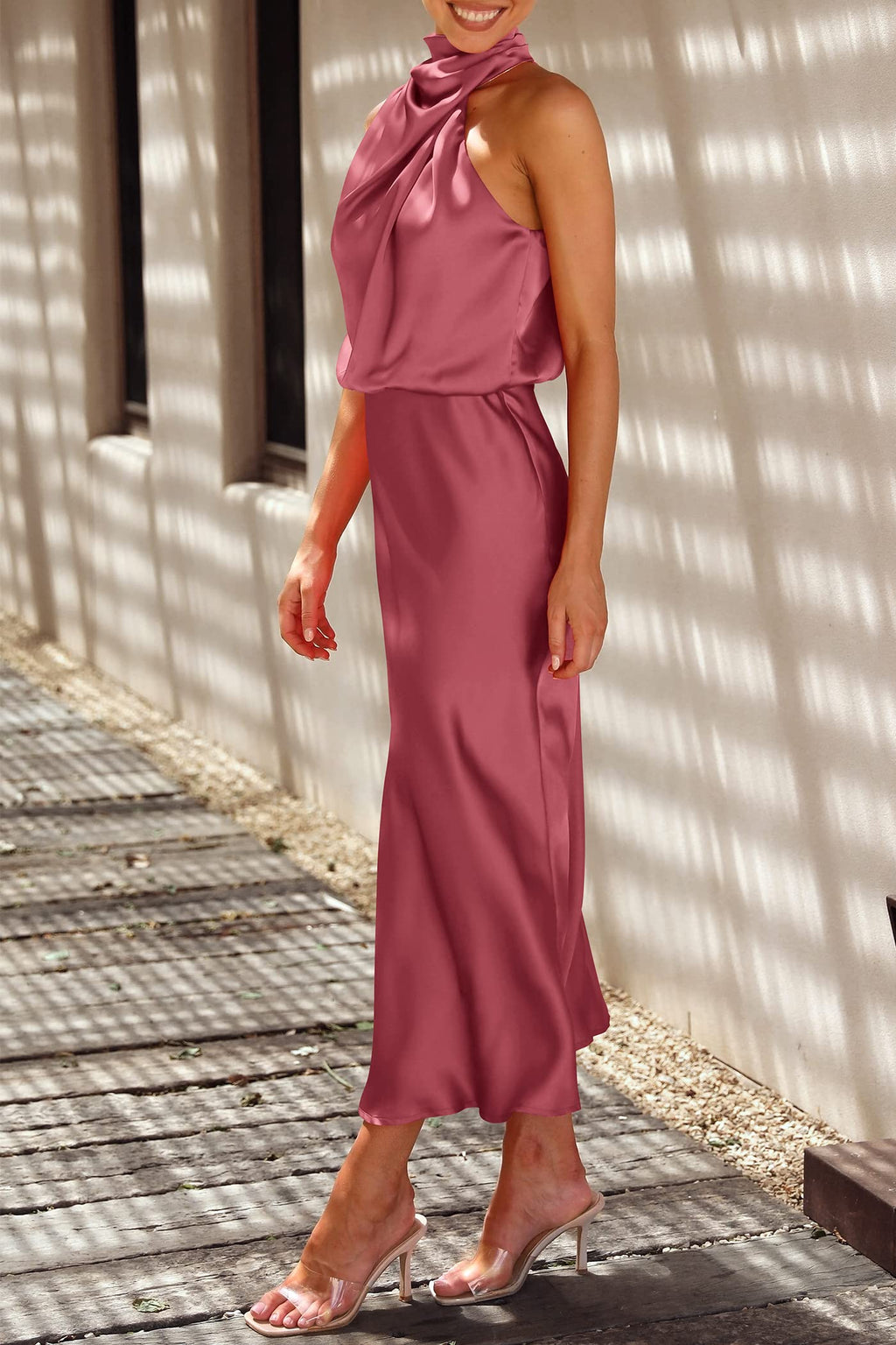 PRETTYGARDEN Women's Summer Satin Dress Elegant Sleeveless Mock Neck Cocktail Party Maxi Dresses