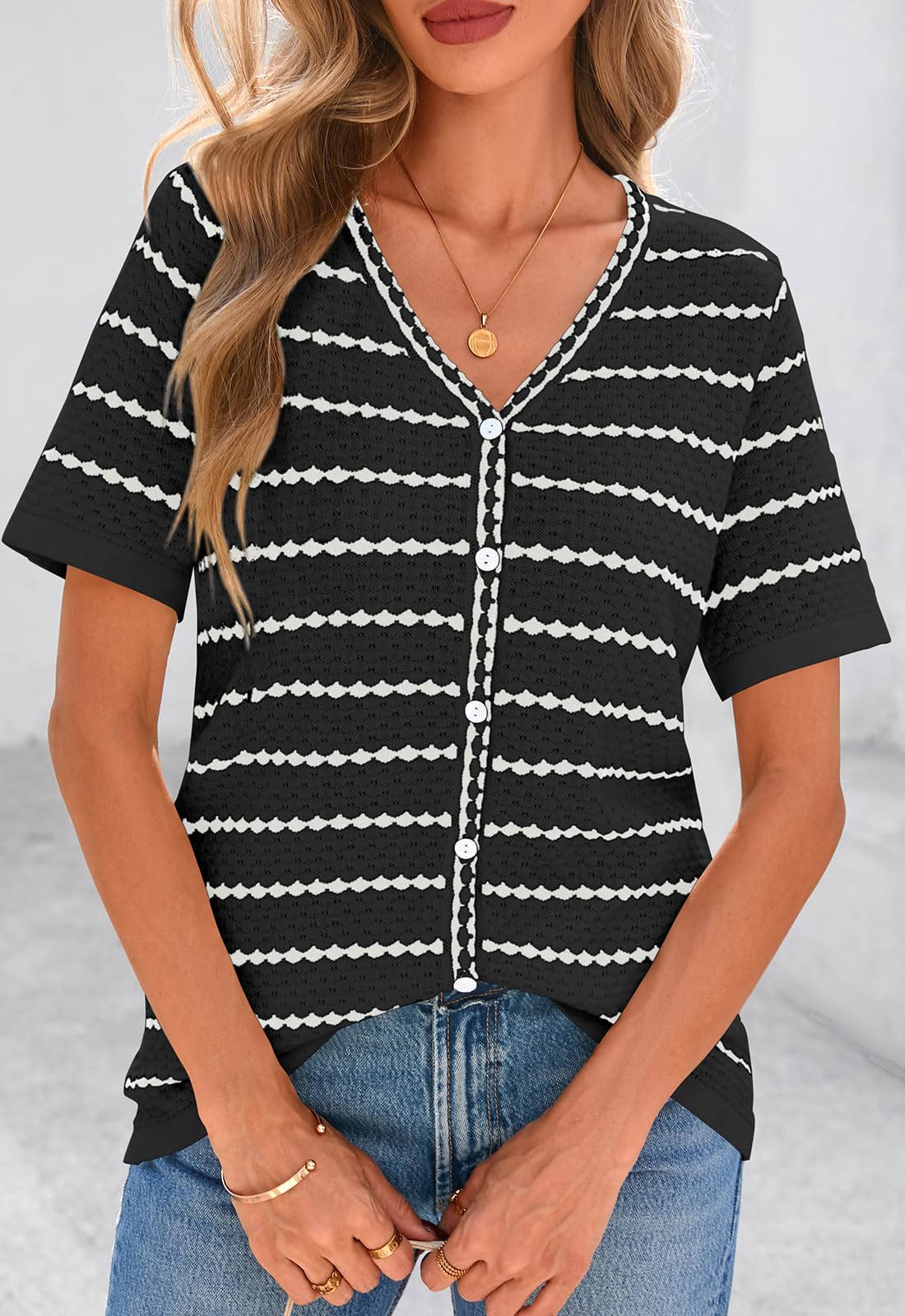 FreshPretty Women's Short Sleeve Sweater Spring Summer Crochet Knit Tops V Neck Striped Button Down Dressy Casual Blouses
