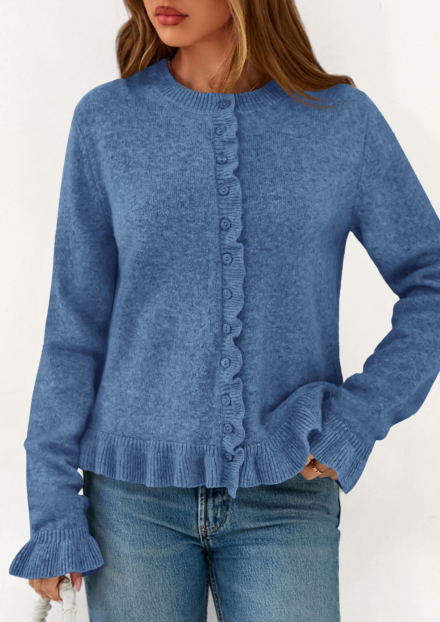 PRETTYGARDEN Womens Fall Button Down Cardigans Chunky Knit Ruffle Open Front Cropped Cardigan Sweaters Soft Long Sleeve Tops