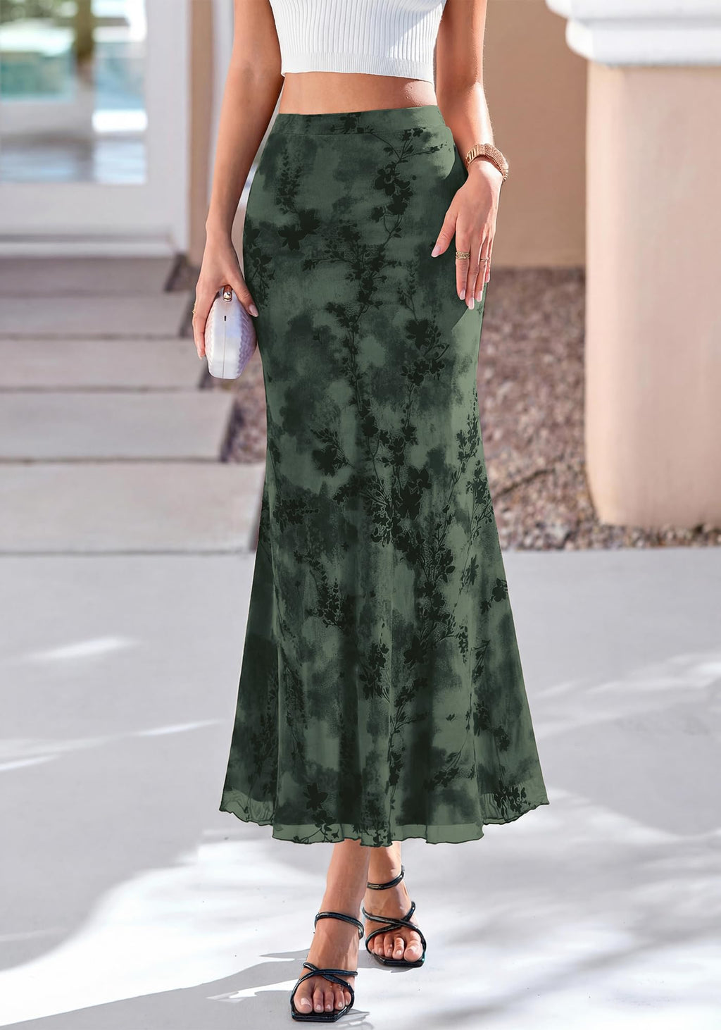 BTFBM Womens Floral Mesh Maxi Skirt Spring Summer Elastic High Waisted Boho Elegant Mermaid Long Skirts for Women