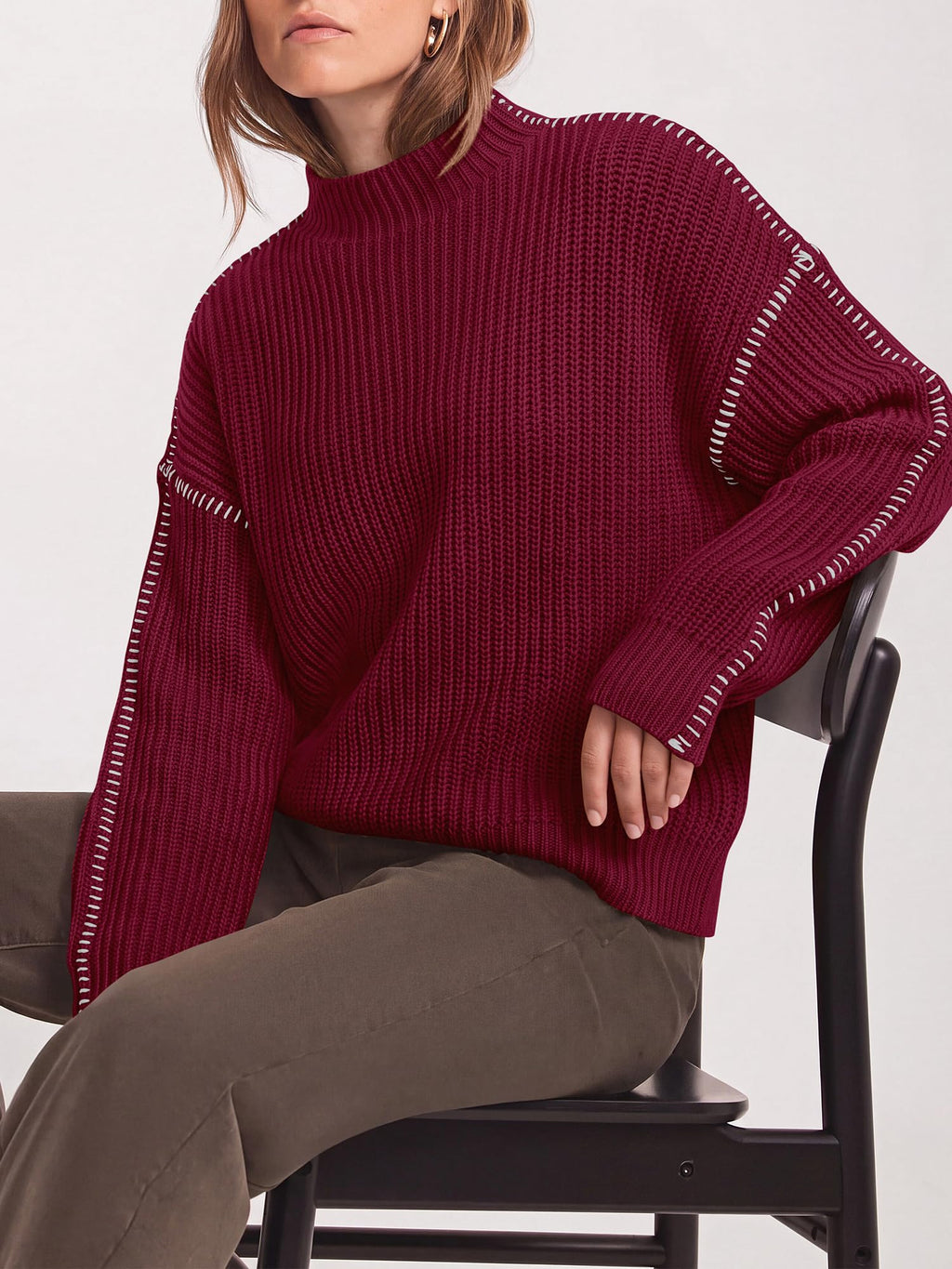 "BTFBM Womens Oversized Sweaters Contrast Chunky Knit Sweater Loose Fit Mock Neck Long Sleeve Tops, Soft Cozy Knitwear, Fall Fashion 2026, Casual Winter Clothing, Daily Going Out Outfits"
