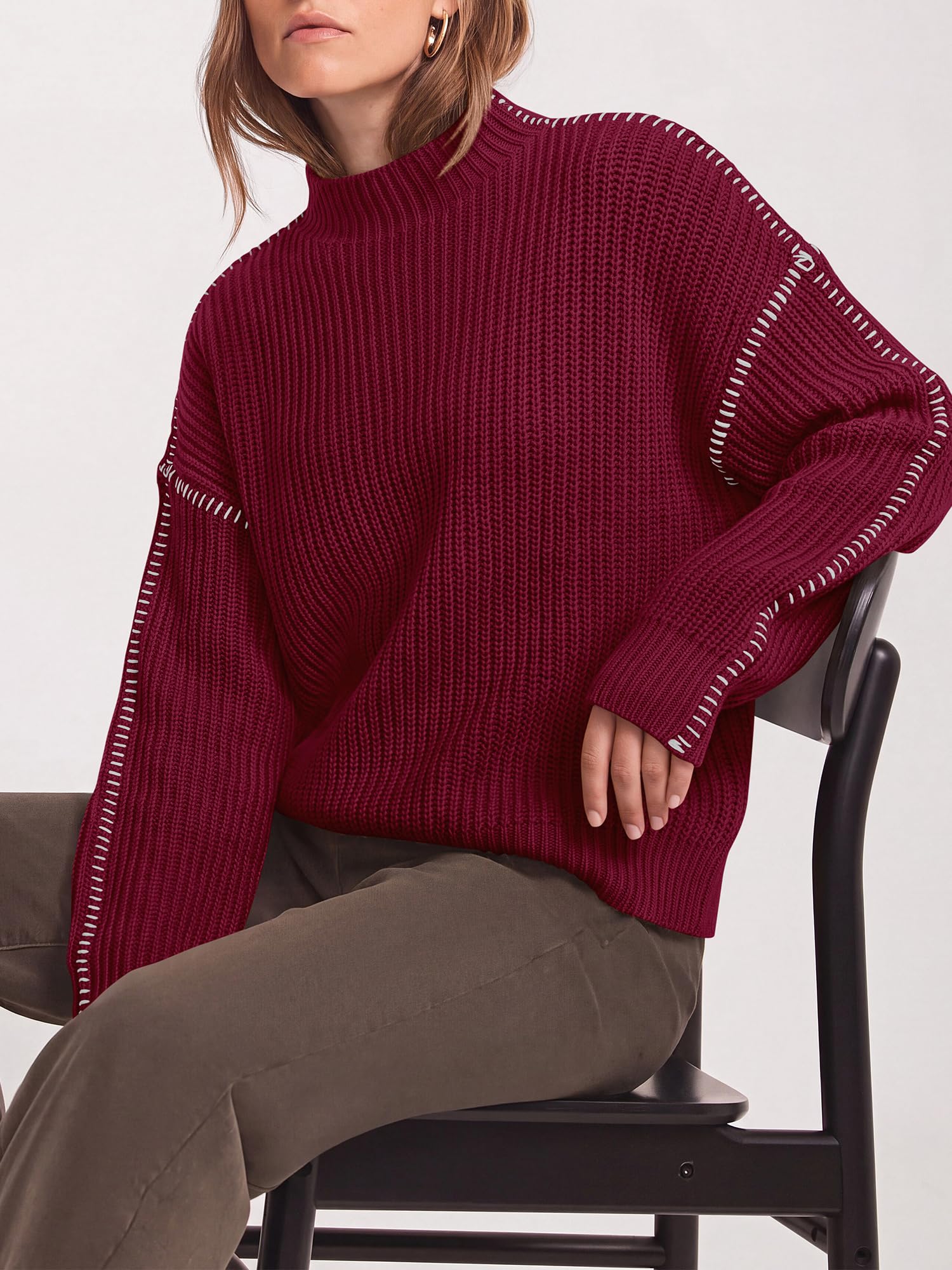 "BTFBM Womens Oversized Sweaters Contrast Chunky Knit Sweater Loose Fit Mock Neck Long Sleeve Tops, Soft Cozy Knitwear, Fall Fashion 2026, Casual Winter Clothing, Daily Going Out Outfits"