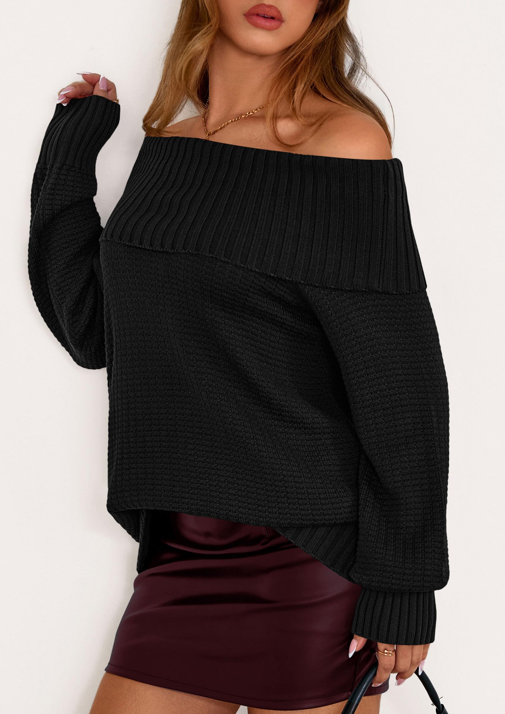 PRETTYGARDEN Womens Off The Shoulder Sweater Long Sleeve Tops Loose Knit Pullover Sweaters Fashion Fall Clothes